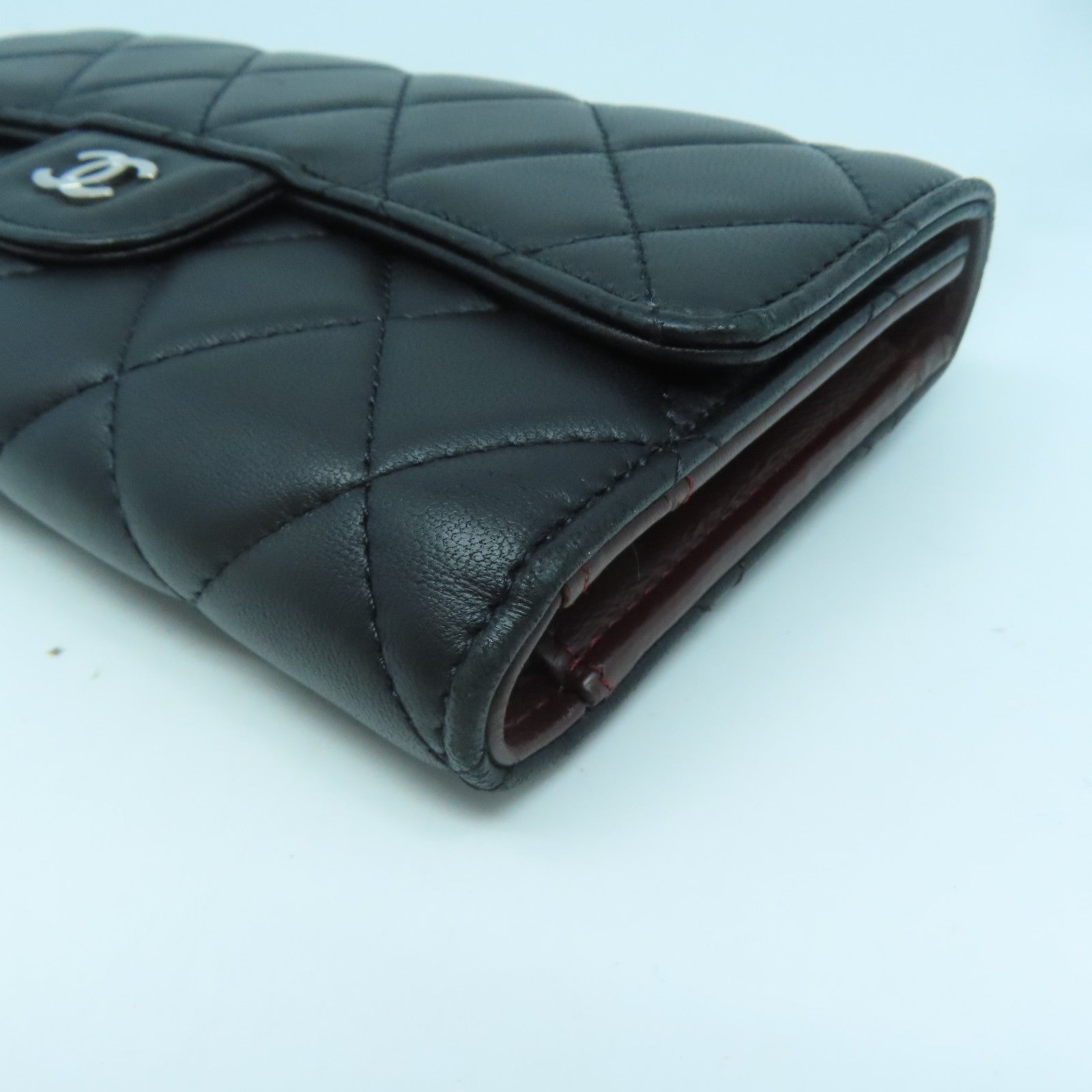 CHANEL 菱格羊皮皮革Round Long Wallet銀扣長錢包黑色