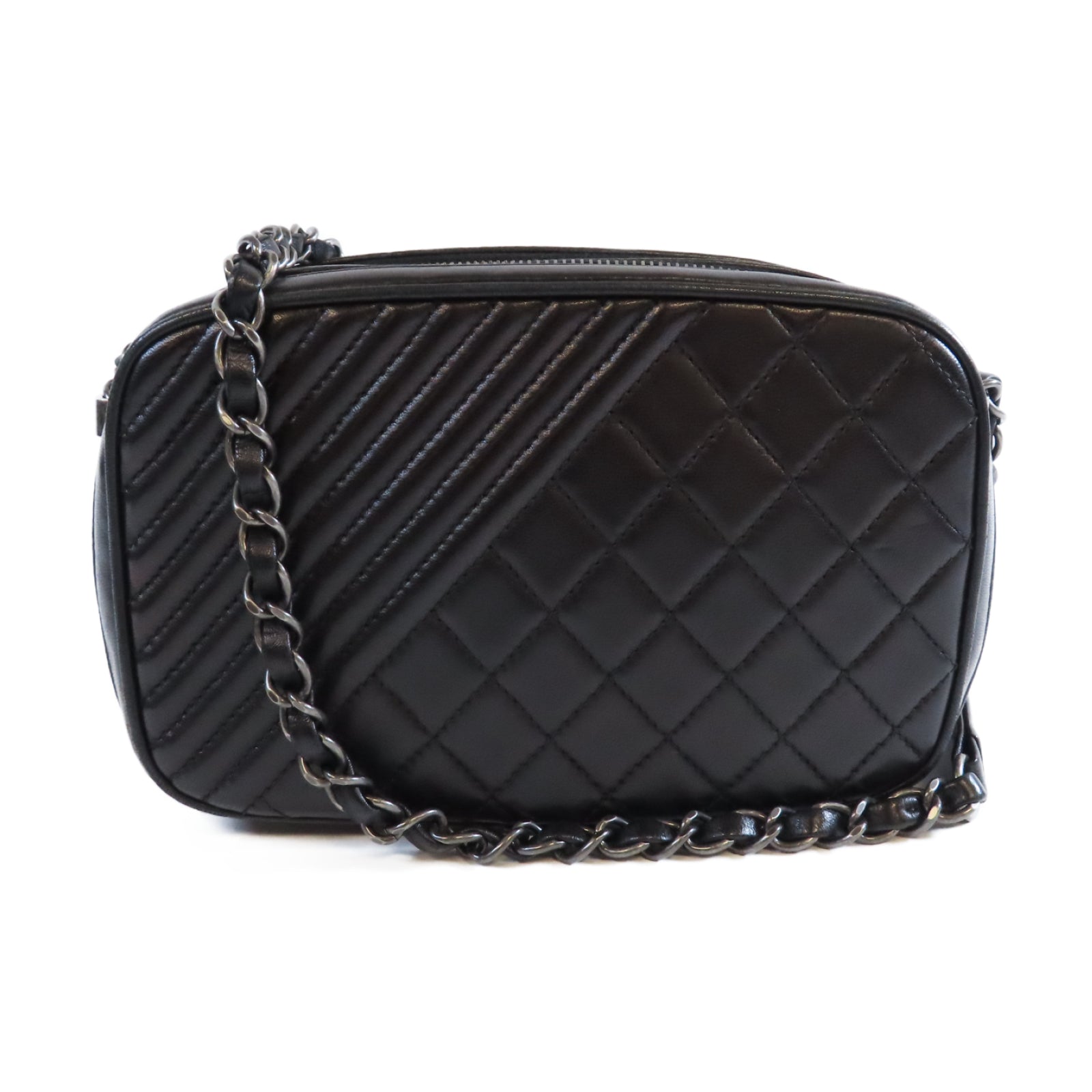 CHANEL 牛皮皮革Chain Shoulder銀扣鏈帶肩背袋黑色