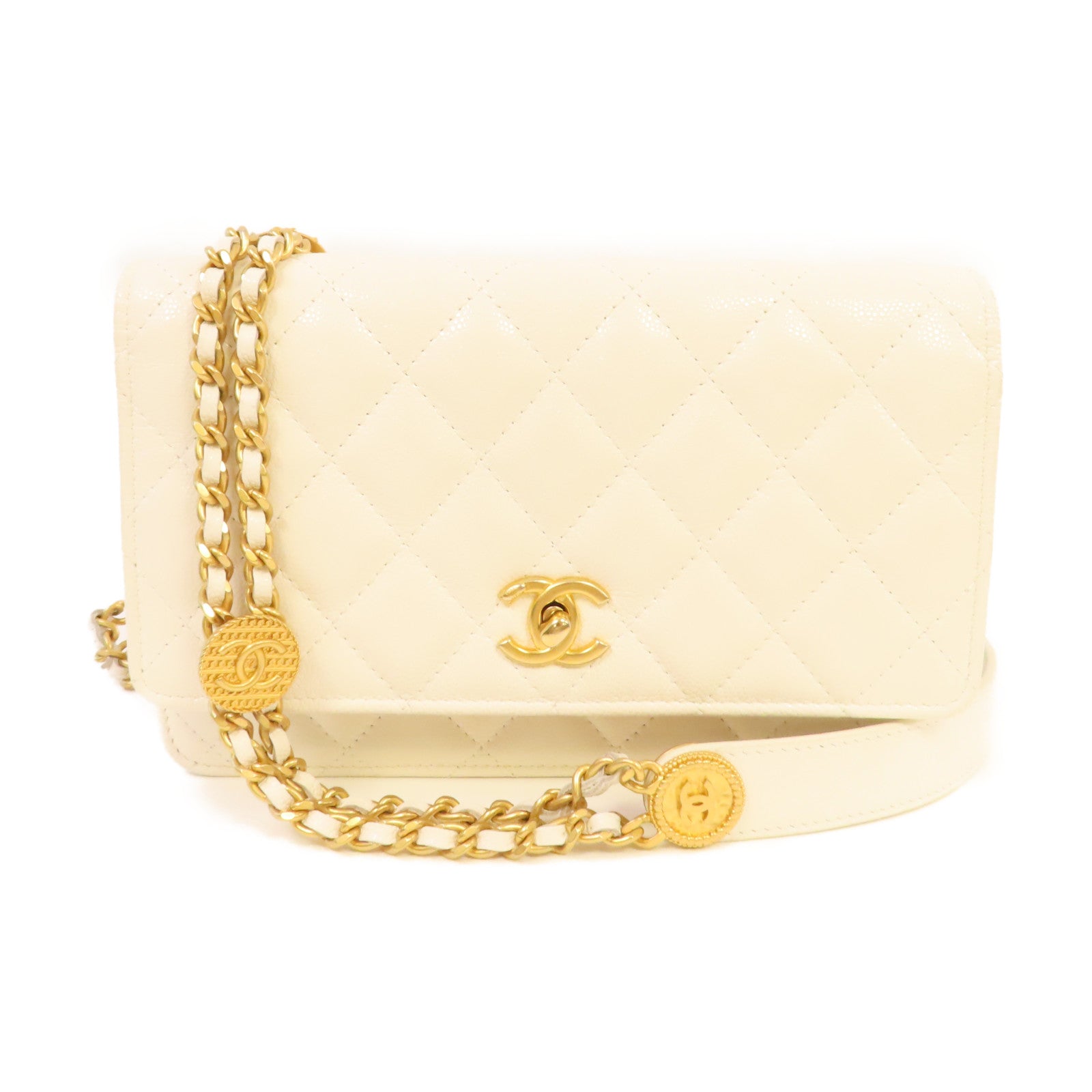 CHANEL 菱格Caviar皮革Gold Coin Chain WOC Shoulder Bag金扣鏈帶肩背袋米白色