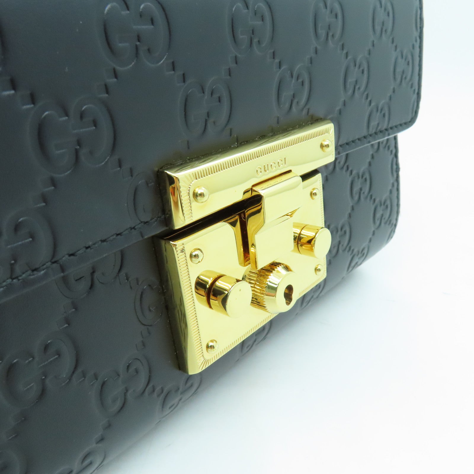 GUCCI 牛皮皮革Chain Shoulder Bag金扣鏈帶肩背袋黑色