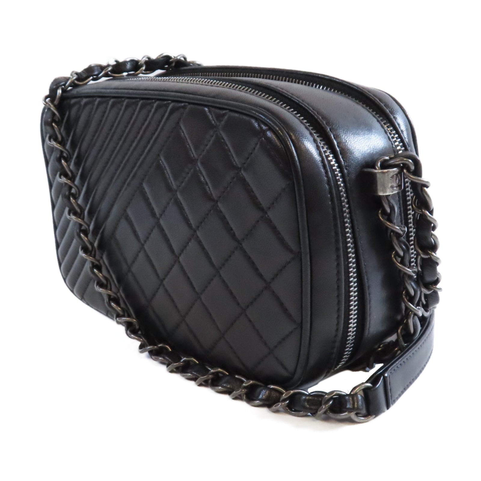 CHANEL 牛皮皮革Chain Shoulder銀扣鏈帶肩背袋黑色
