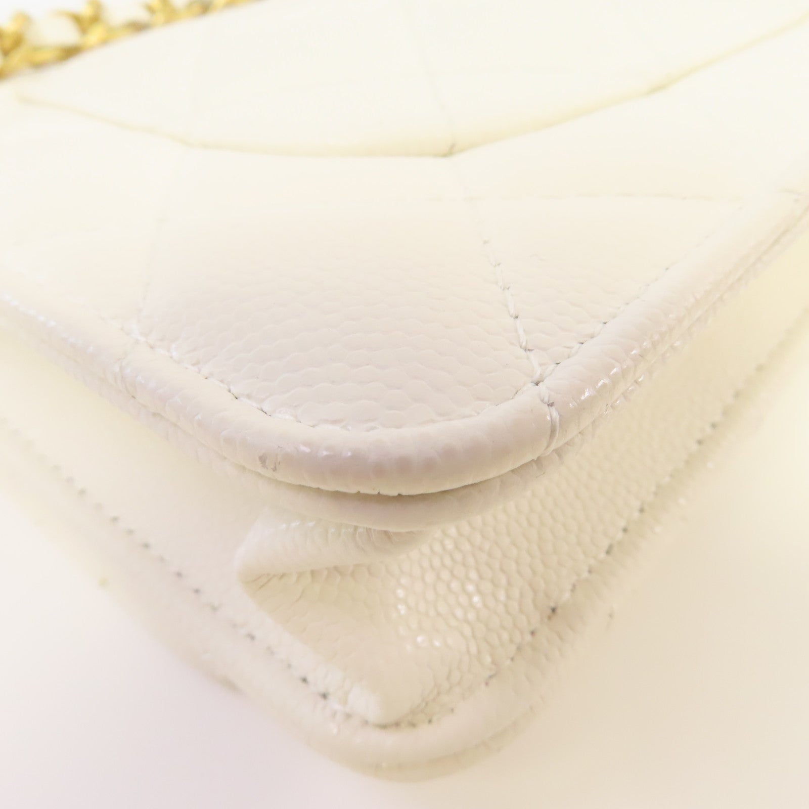 CHANEL 菱格Caviar皮革Gold Coin Chain WOC Shoulder Bag金扣鏈帶肩背袋米白色