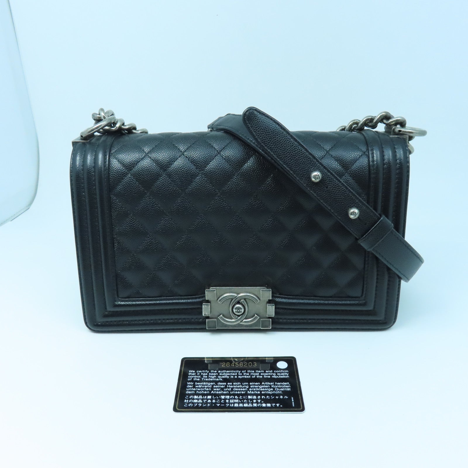 CHANEL Rhombus Caviar Leather Boy Chanel 25 Silver Buckle Chain Shoulder Bag Black