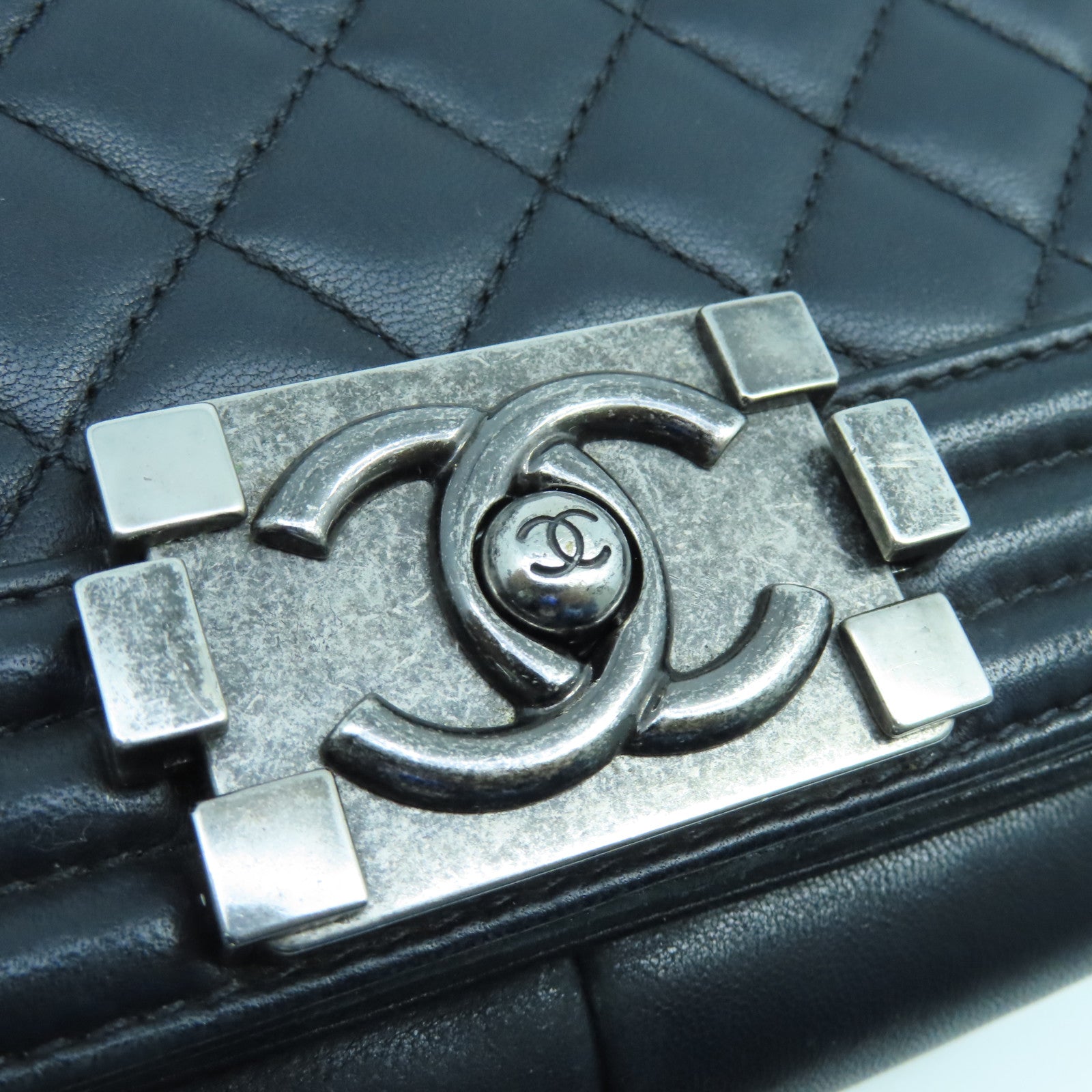 CHANEL Rhombus Sheepskin Leather Boy 25cm Silver Buckle Chain Shoulder Bag Black