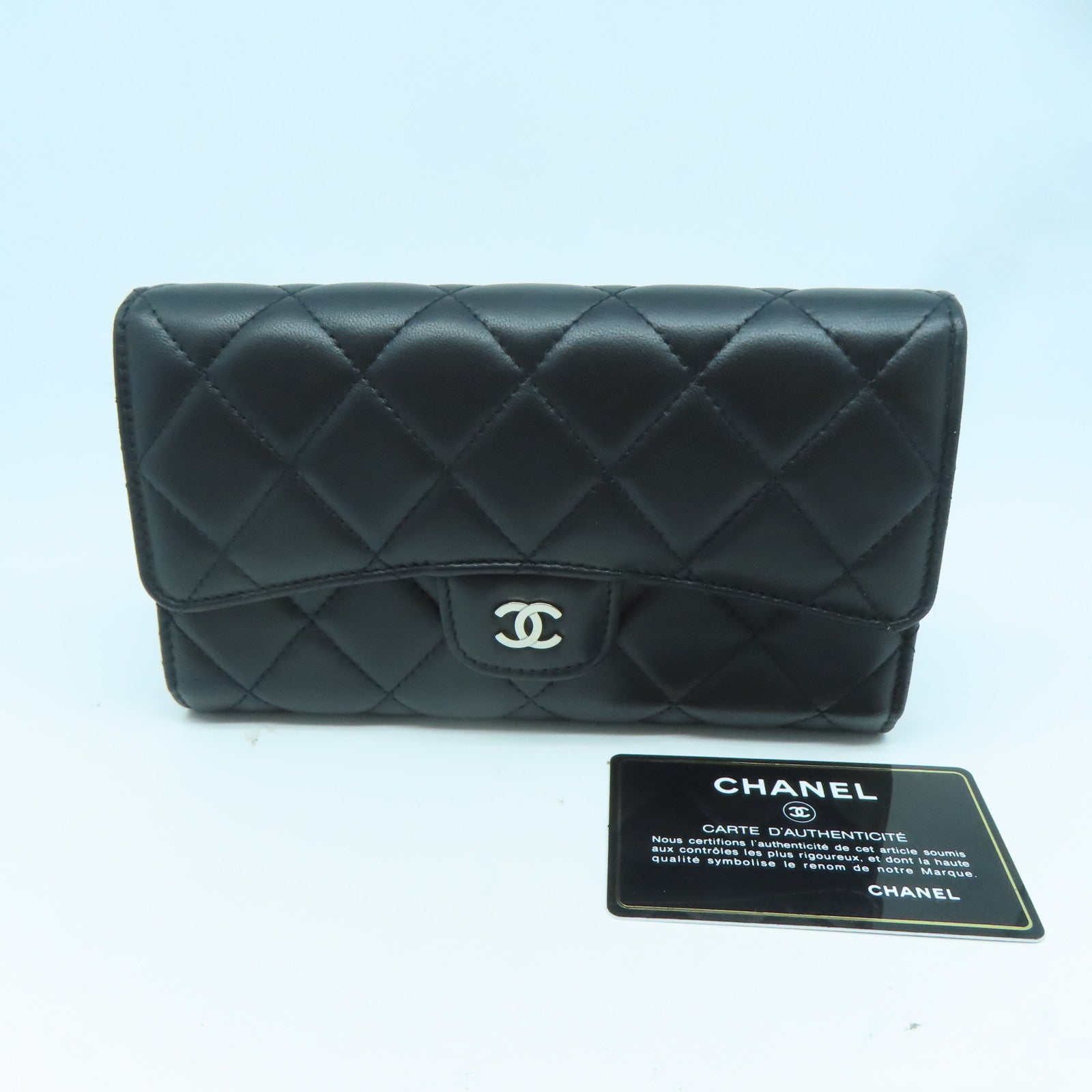 CHANEL 菱格羊皮皮革Round Long Wallet銀扣長錢包黑色