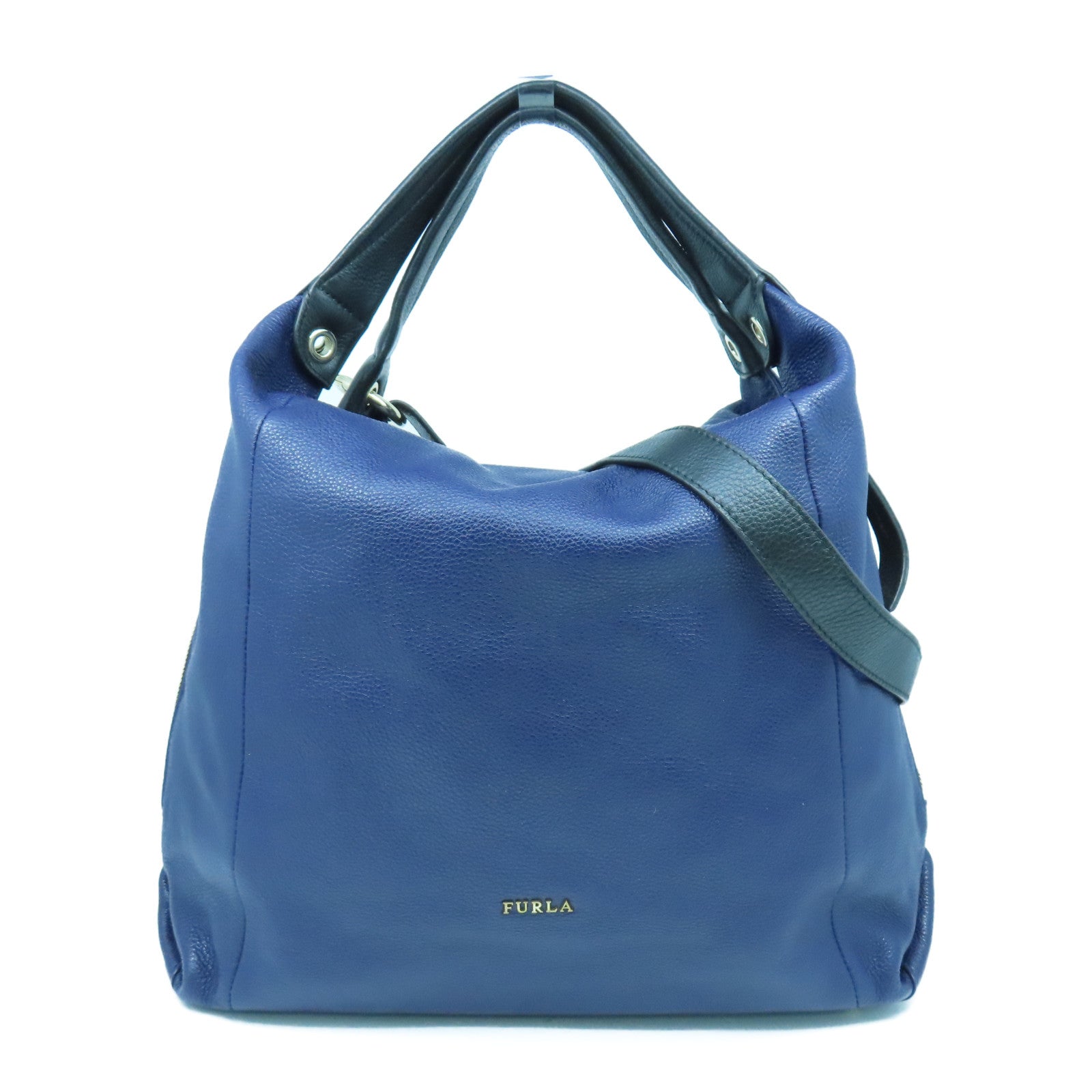 Furla 牛皮皮革2 Way Shoulder Bag金扣手挽肩背兩用袋深藍色/黑色