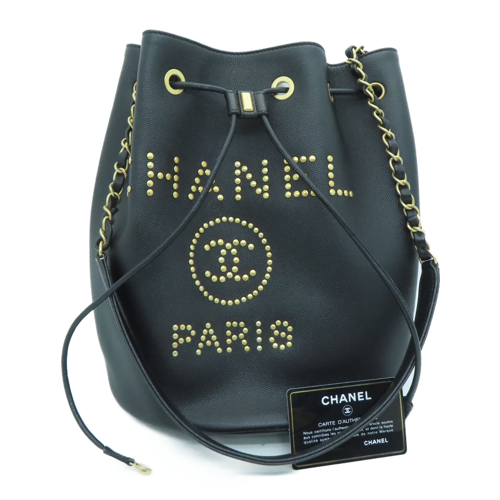 CHANEL Caviar皮革Drawstring Bucket Bag金扣链带肩背袋黑色