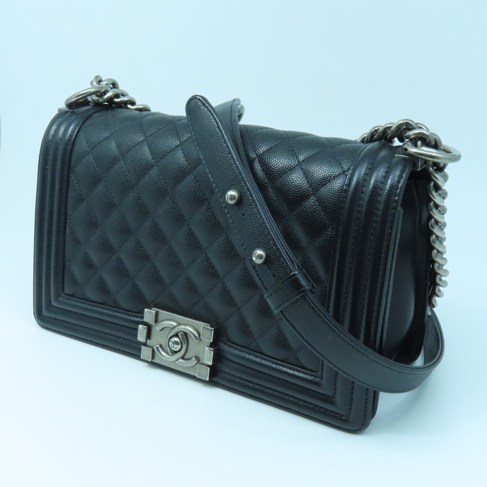 CHANEL Rhombus Caviar Leather Boy Chanel 25 Silver Buckle Chain Shoulder Bag Black