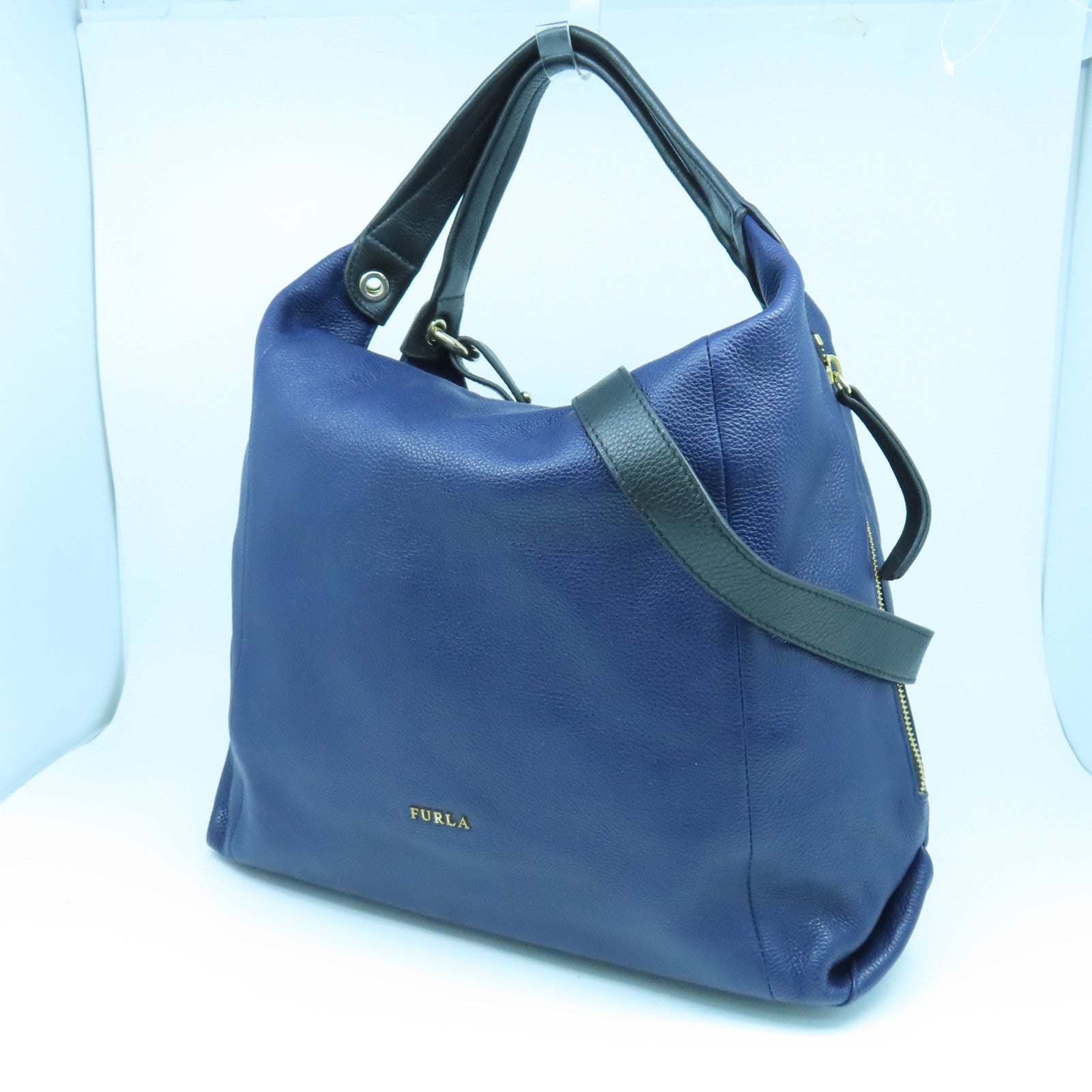 Furla 牛皮皮革2 Way Shoulder Bag金扣手挽肩背兩用袋深藍色/黑色