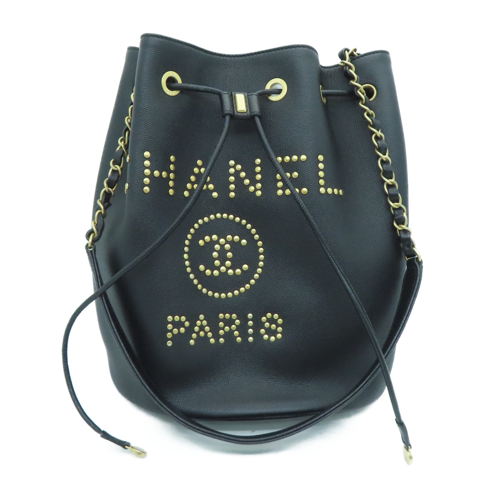 CHANEL Caviar皮革Drawstring Bucket Bag金扣链带肩背袋黑色