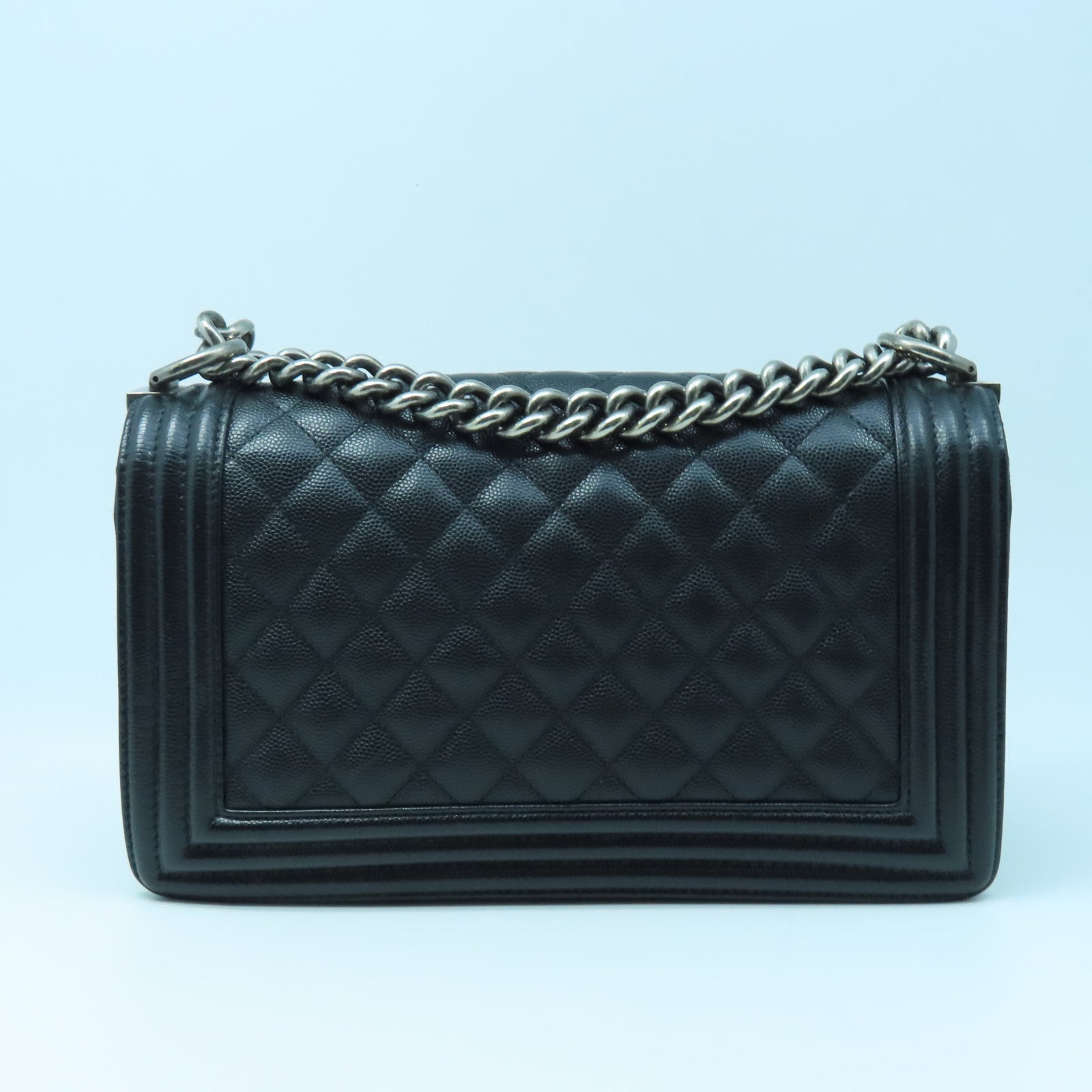 CHANEL Rhombus Caviar Leather Boy Chanel 25 Silver Buckle Chain Shoulder Bag Black