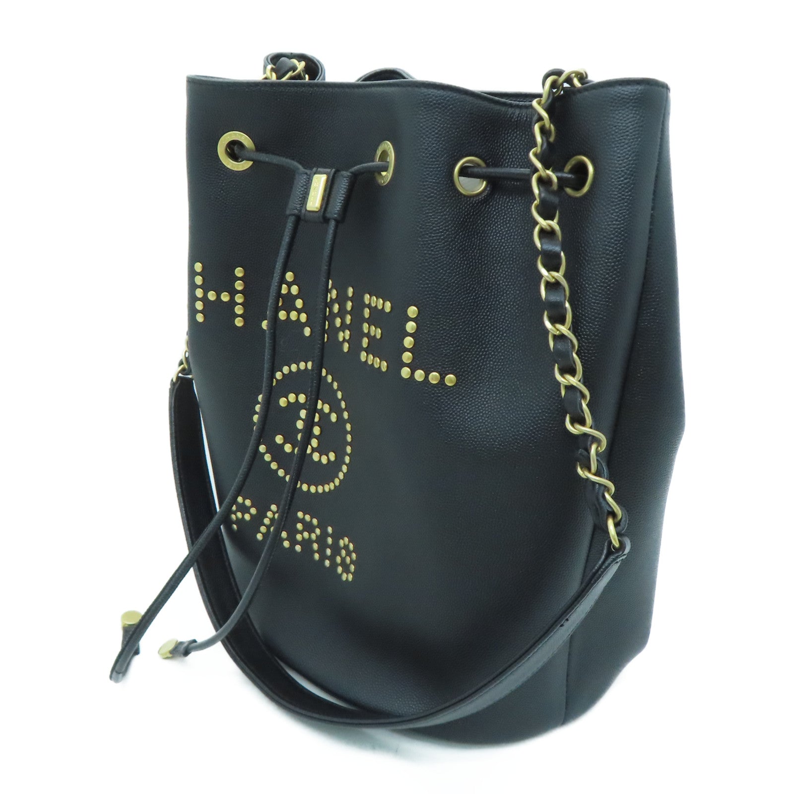 CHANEL Caviar皮革Drawstring Bucket Bag金扣链带肩背袋黑色