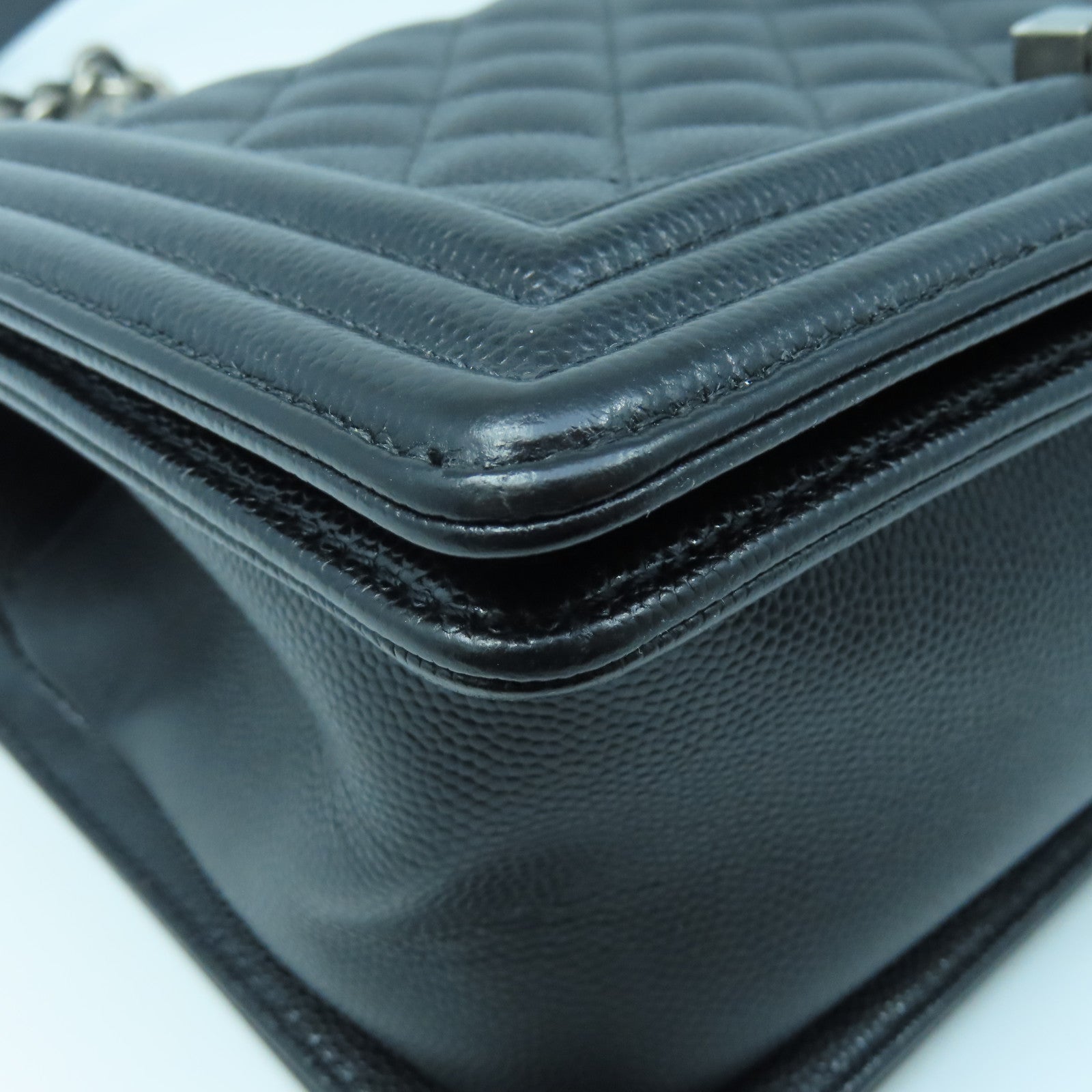 CHANEL Rhombus Caviar Leather Boy Chanel 25 Silver Buckle Chain Shoulder Bag Black