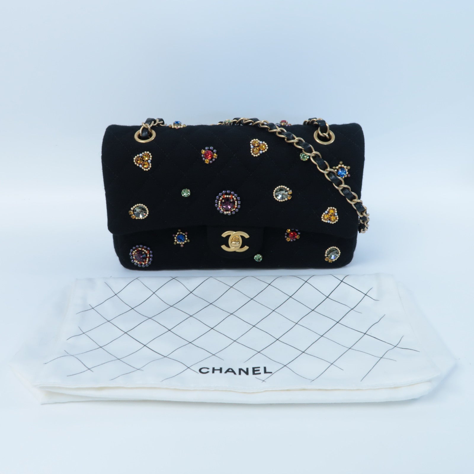 CHANEL 棉質Chain Shoulder金扣鏈帶肩背袋黑色