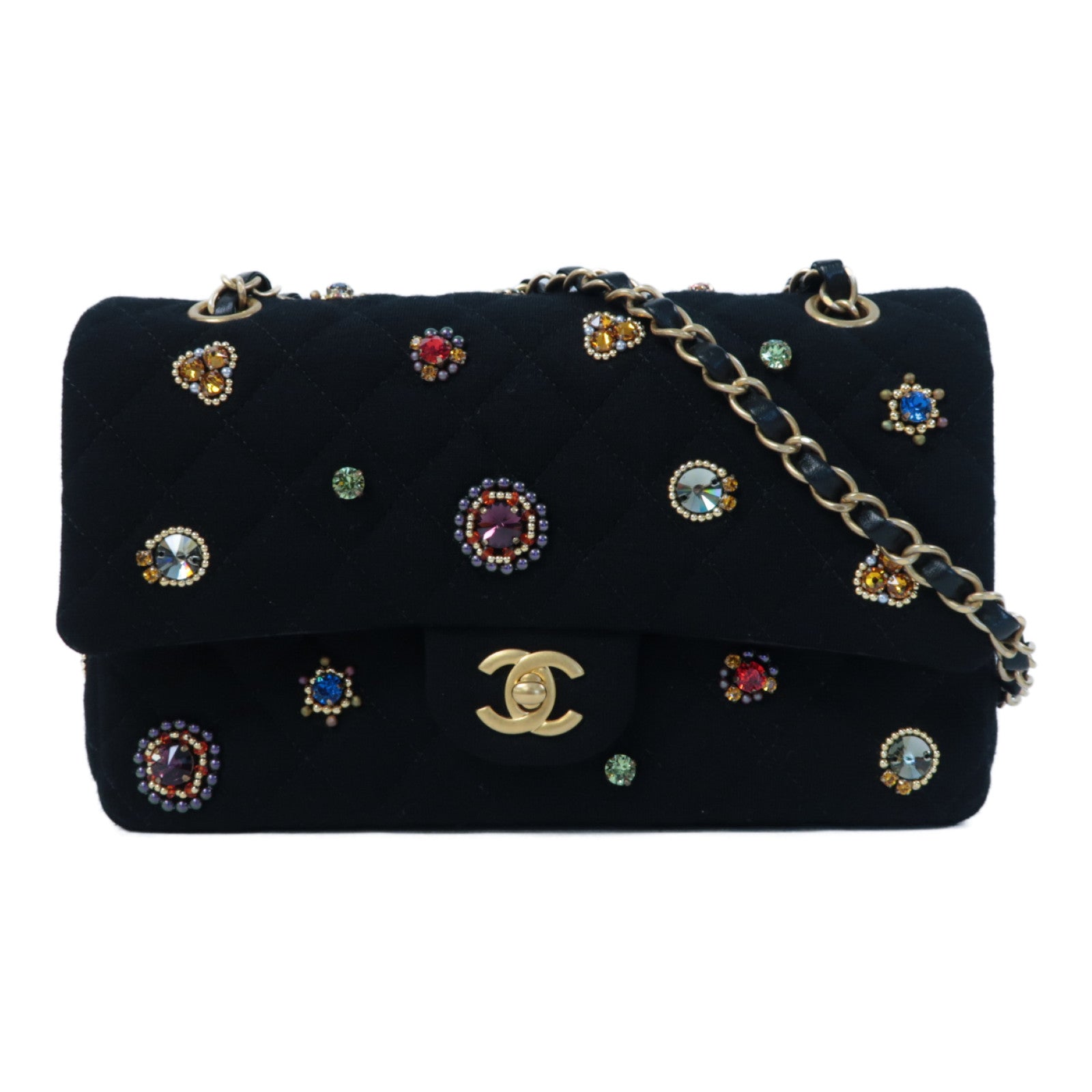 CHANEL 棉質Chain Shoulder金扣鏈帶肩背袋黑色
