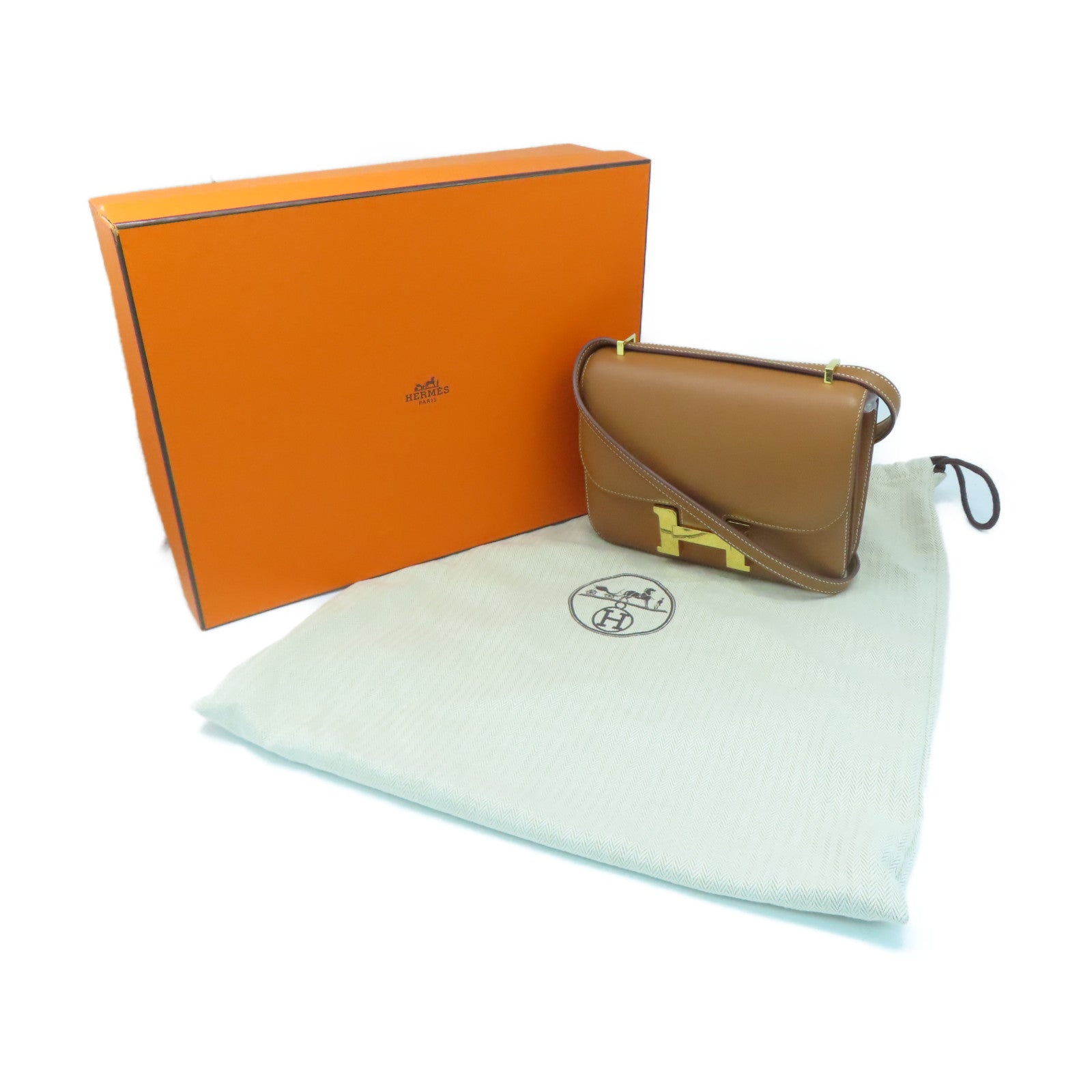 HERMES Swift Leather Constance Mini Gold Buckle Handle Shoulder Bag Brown