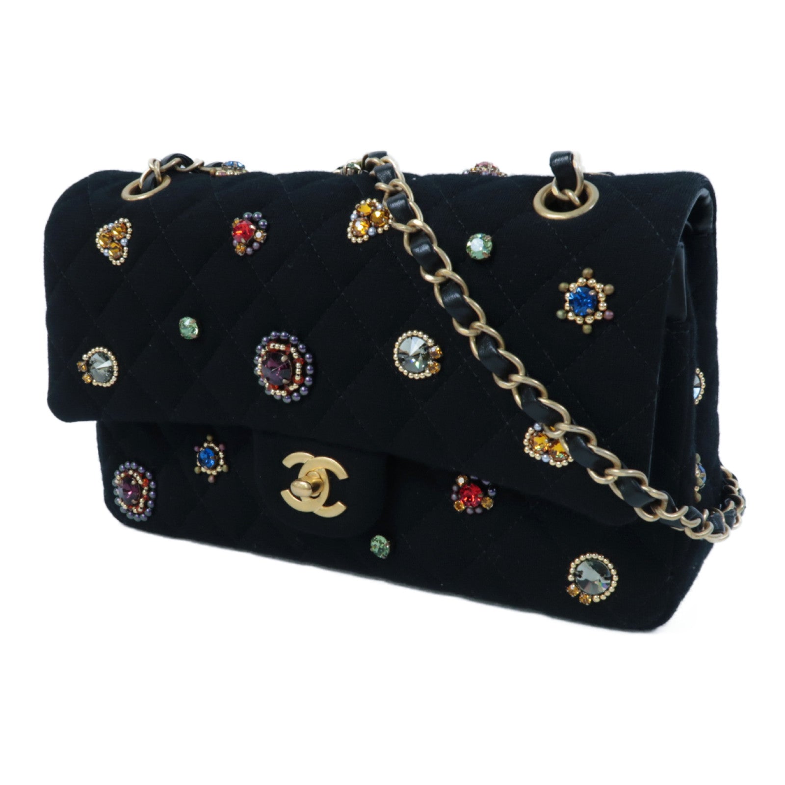 CHANEL 棉質Chain Shoulder金扣鏈帶肩背袋黑色