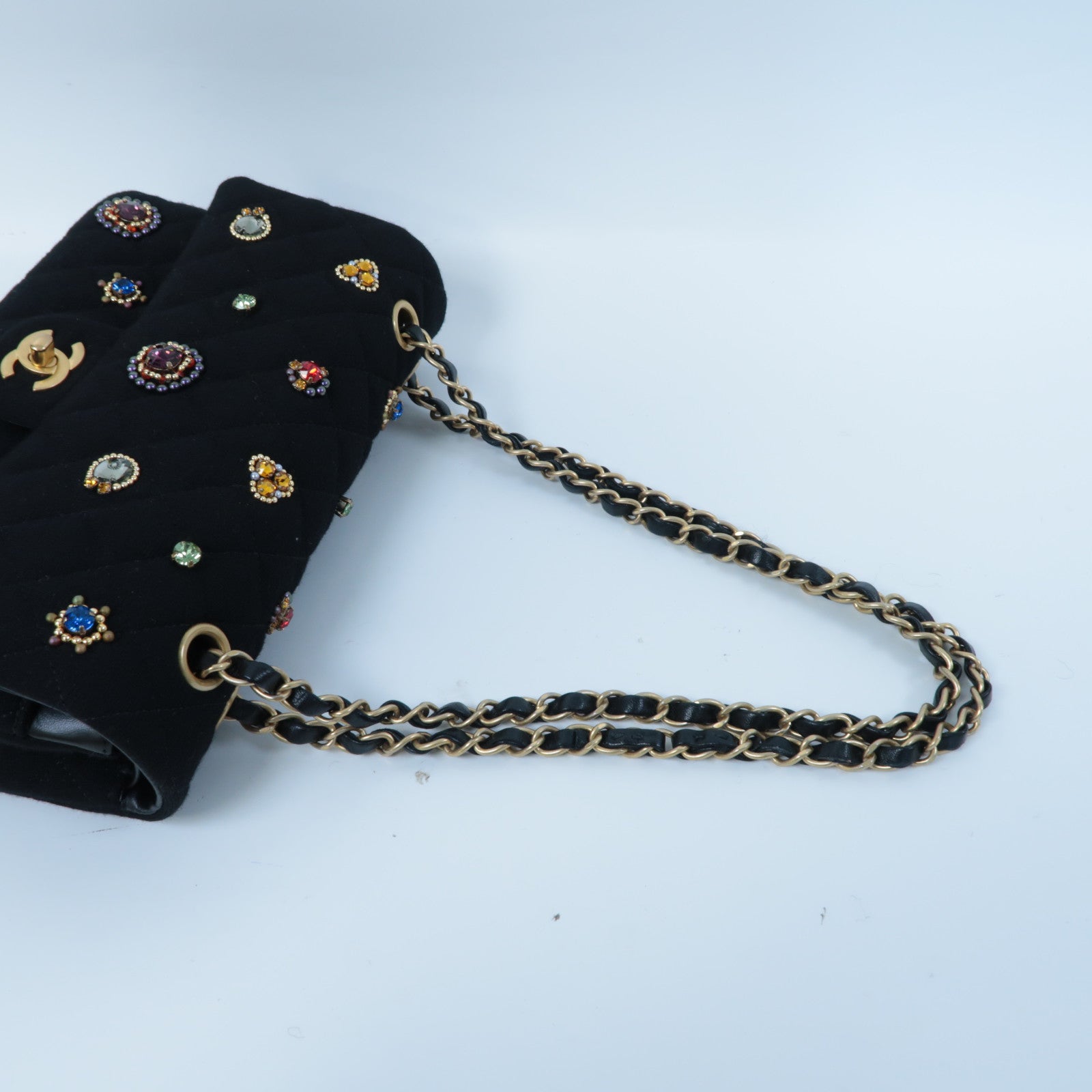 CHANEL 棉質Chain Shoulder金扣鏈帶肩背袋黑色