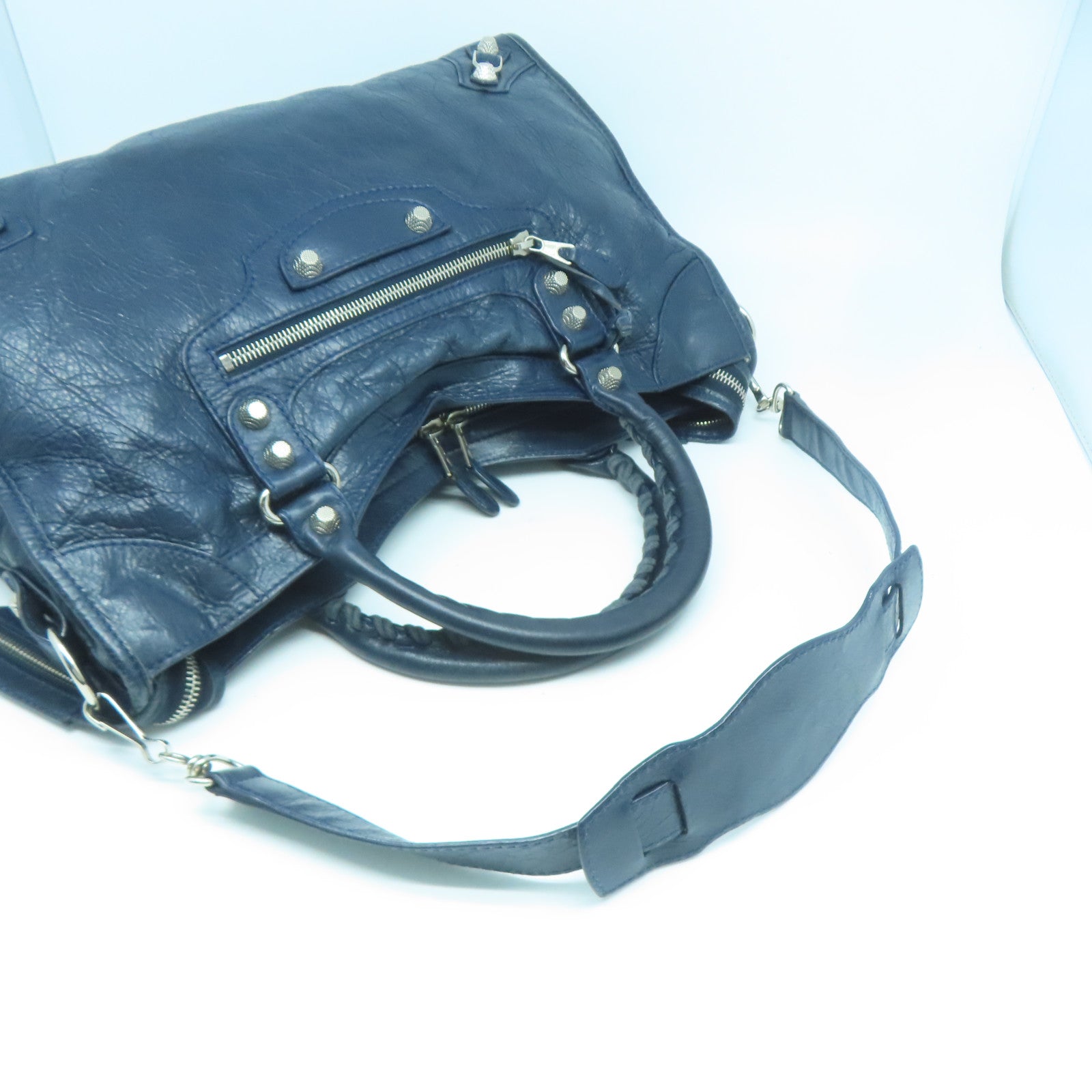 BALENCIAGA 牛皮皮革Giant City銀扣手挽肩背兩用袋藍色