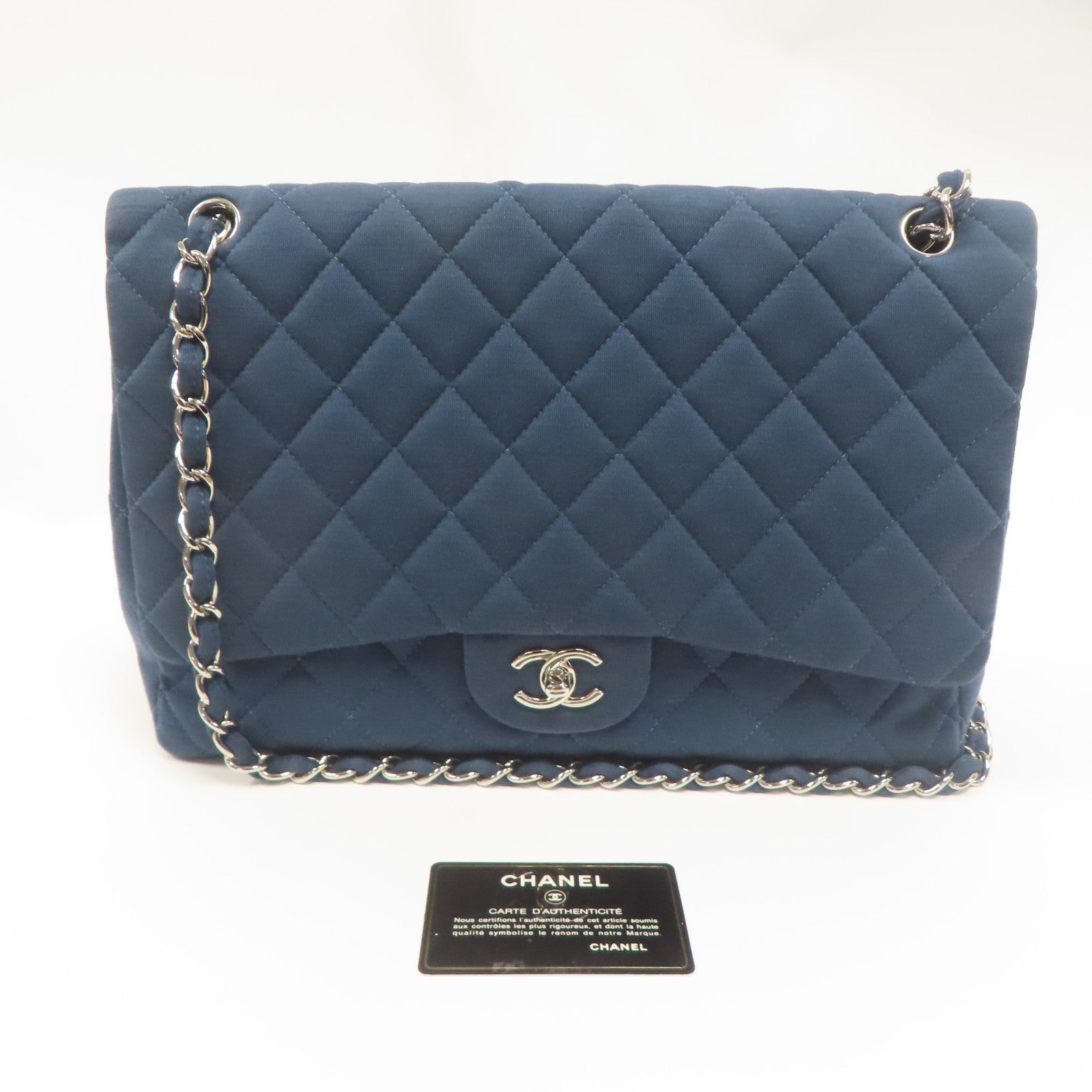 CHANEL 帆布Shoulder Bag銀扣肩背袋藍色