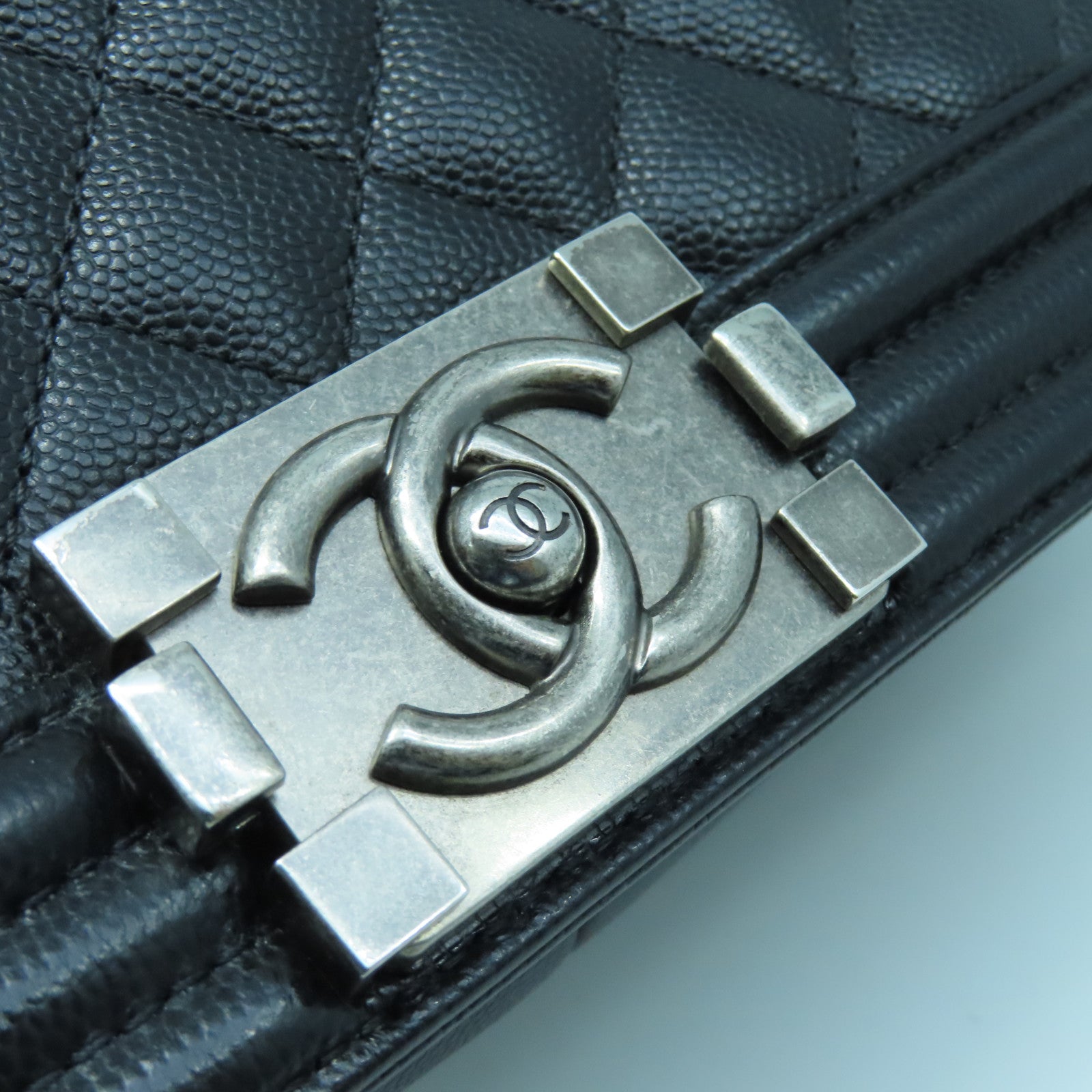CHANEL Rhombus Caviar Leather Boy Chanel 25 Silver Buckle Chain Shoulder Bag Black