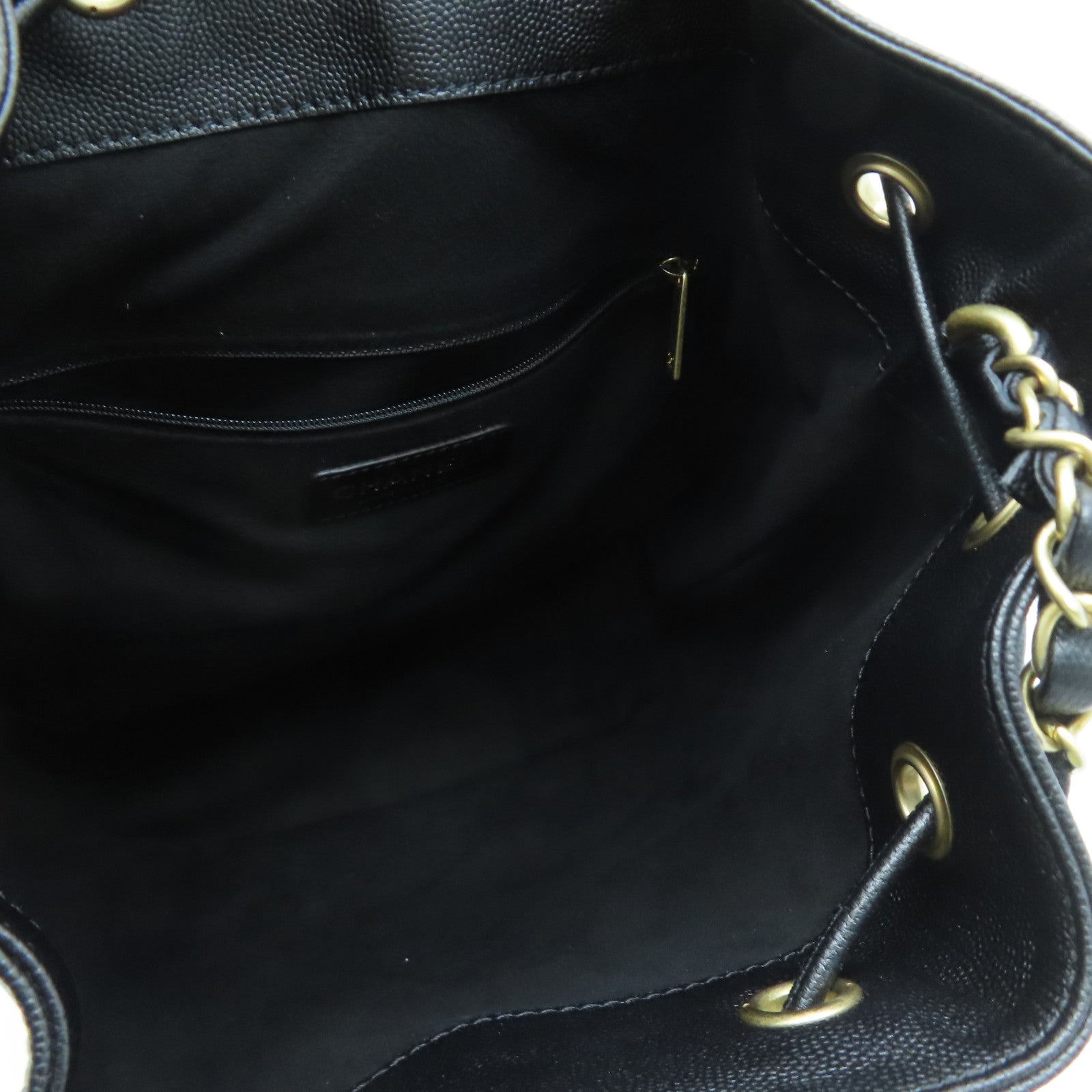 CHANEL Caviar皮革Drawstring Bucket Bag金扣链带肩背袋黑色