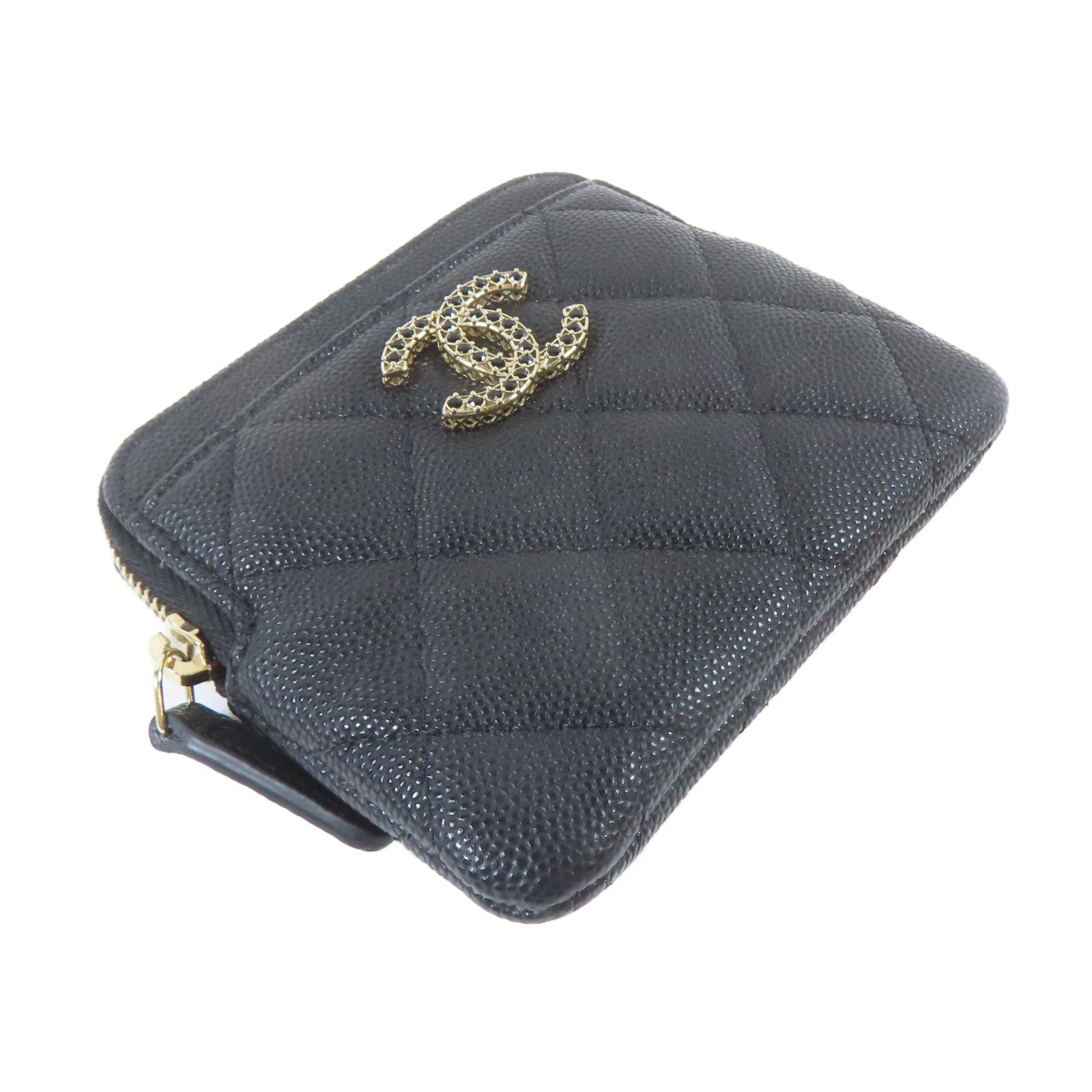 CHANEL 菱格Caviar皮革Coin Case銀扣零錢包黑色
