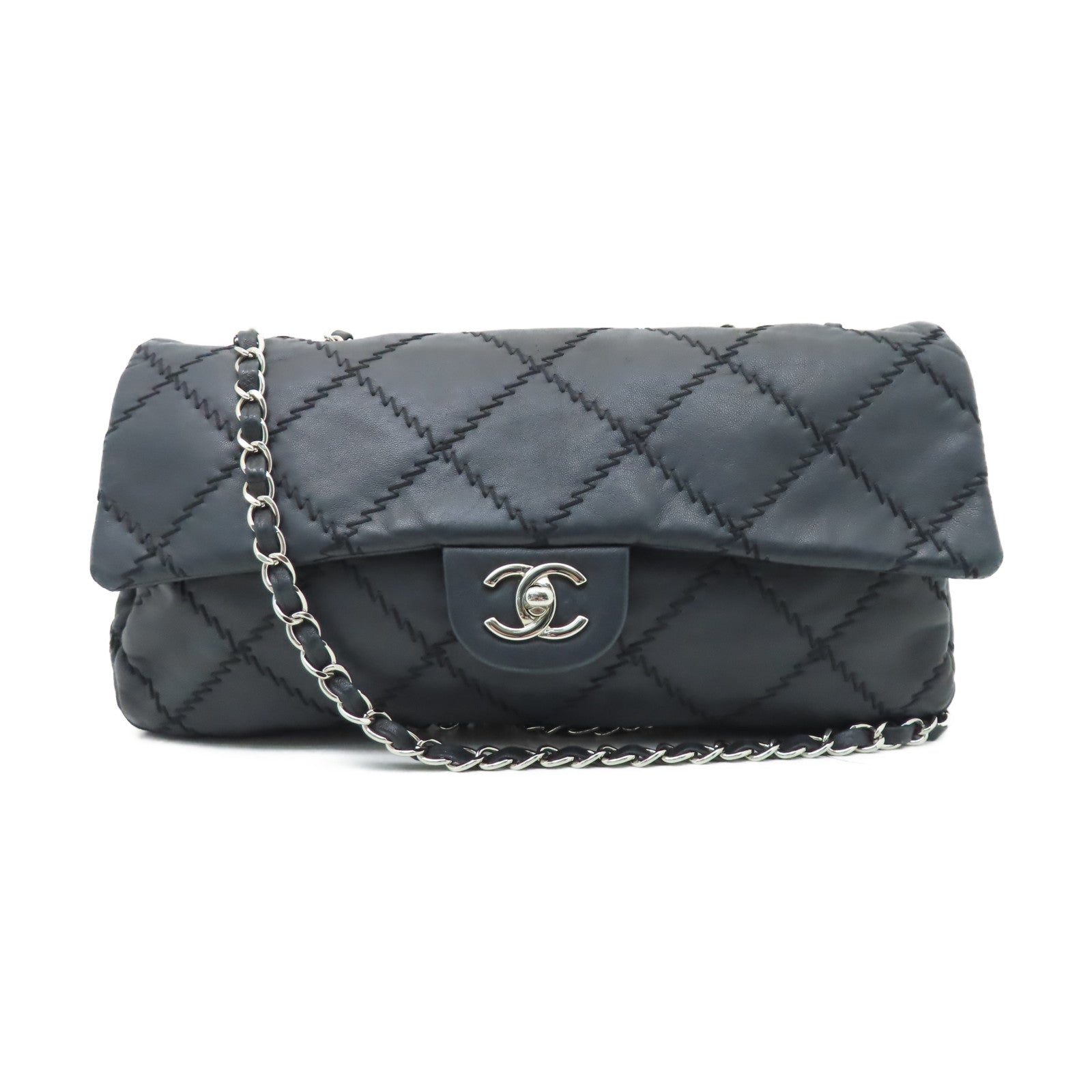 CHANEL 菱格羊皮皮革Chain Shoulder銀扣鏈帶肩背袋黑色