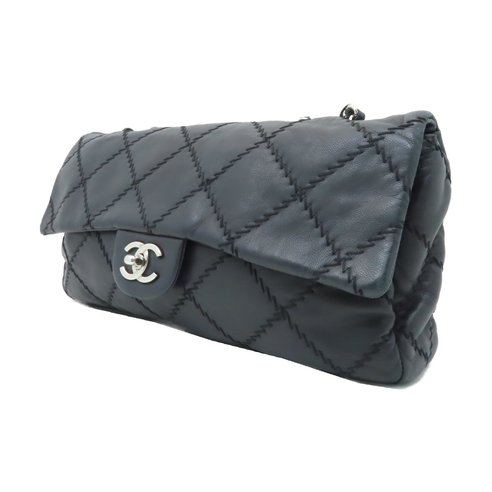 CHANEL 菱格羊皮皮革Chain Shoulder銀扣鏈帶肩背袋黑色