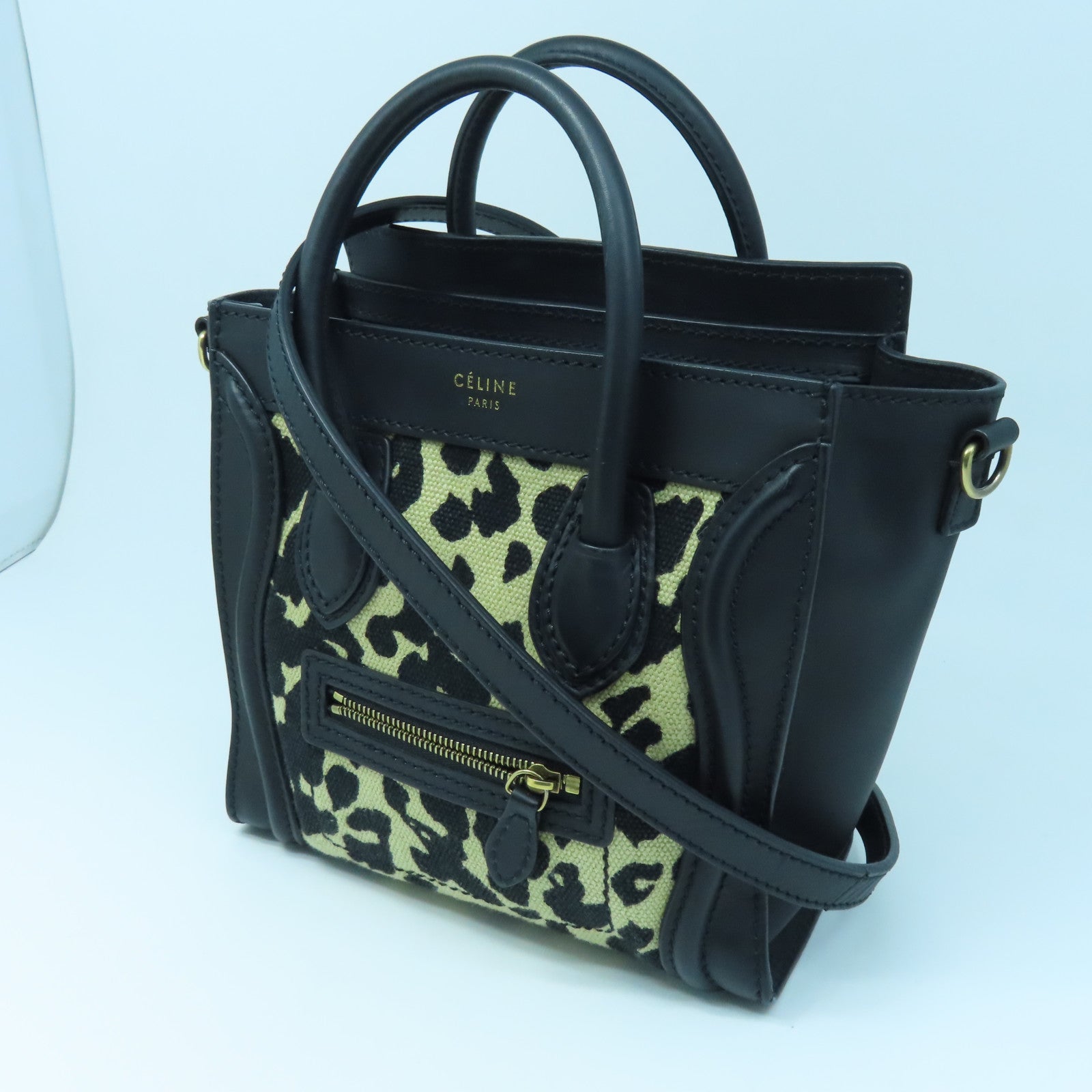 CELINE 牛皮皮革/帆布Mini Luggage金扣手挽肩背两用袋黑色
