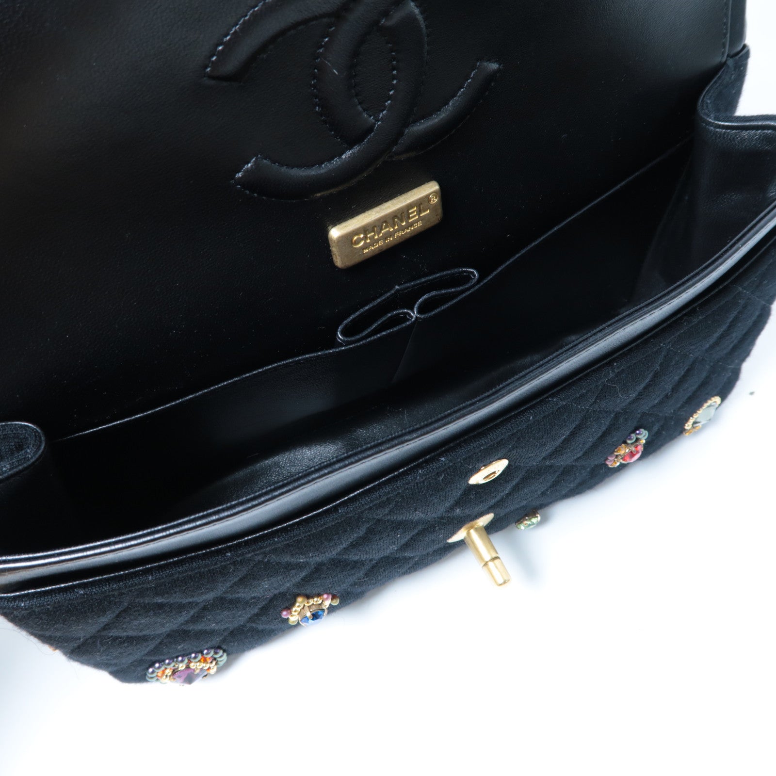 CHANEL 棉質Chain Shoulder金扣鏈帶肩背袋黑色
