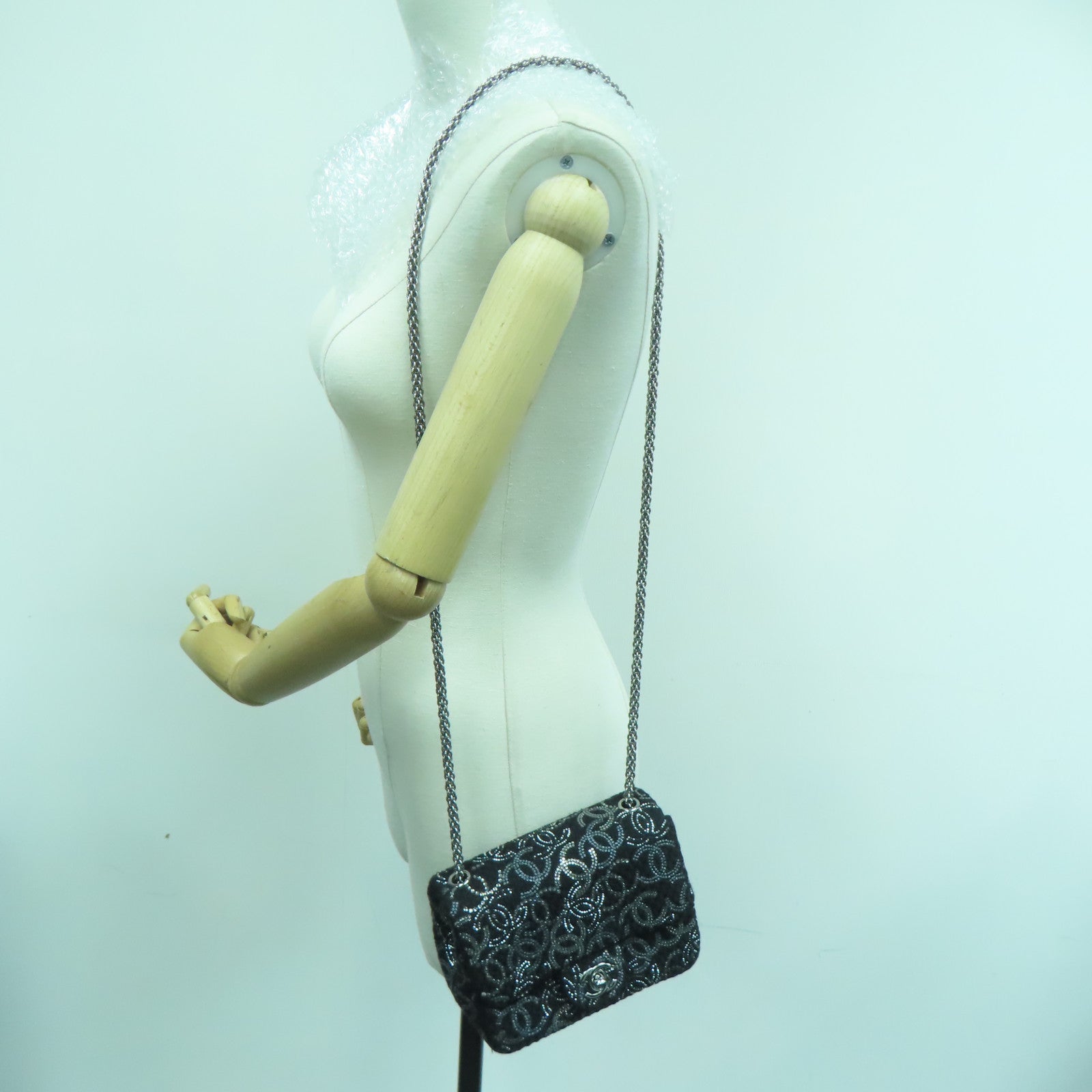 CHANEL Tweed Chain Shoulder银扣肩背袋黑色