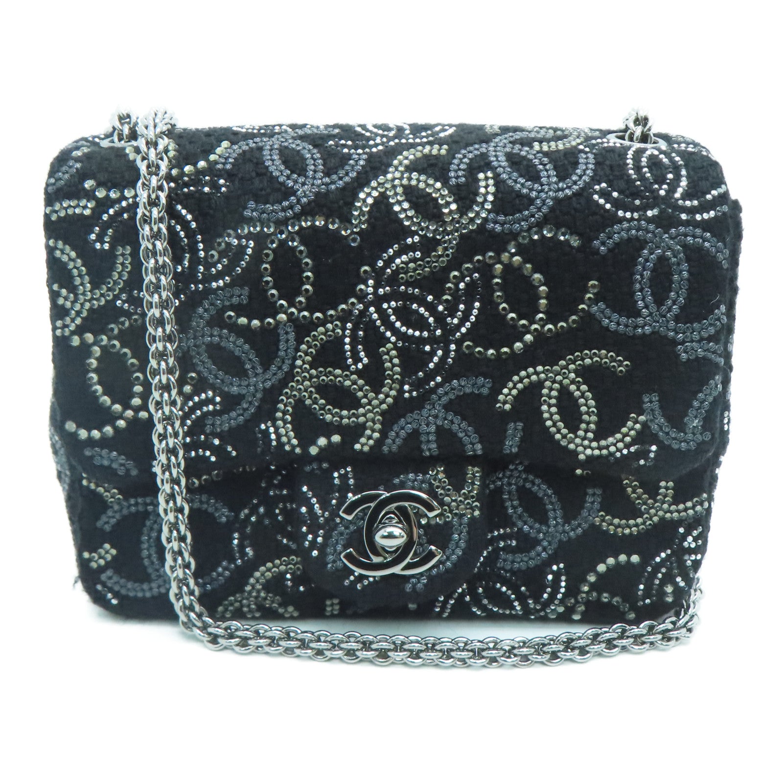 CHANEL Tweed Chain Shoulder银扣肩背袋黑色