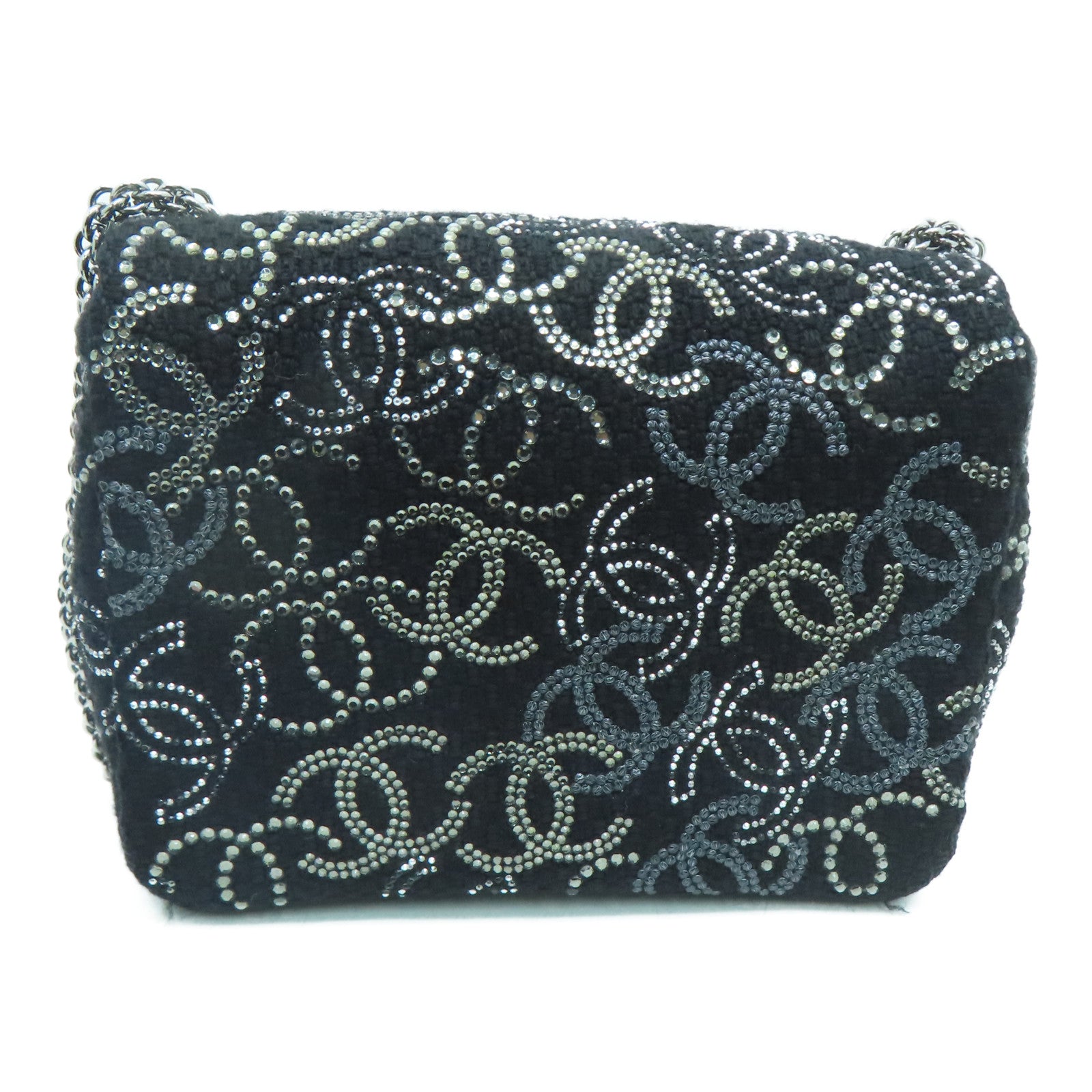 CHANEL Tweed Chain Shoulder银扣肩背袋黑色