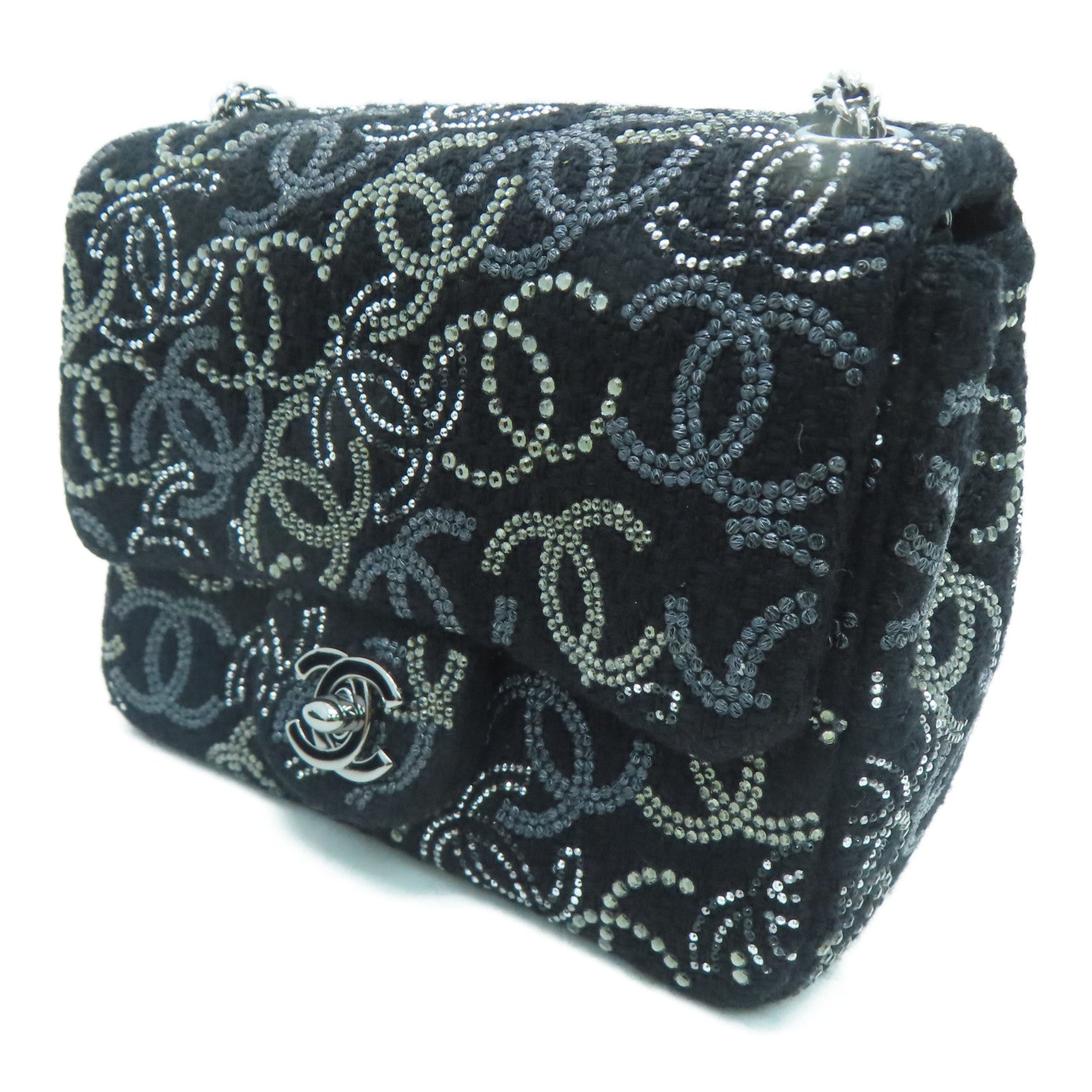 CHANEL Tweed Chain Shoulder银扣肩背袋黑色
