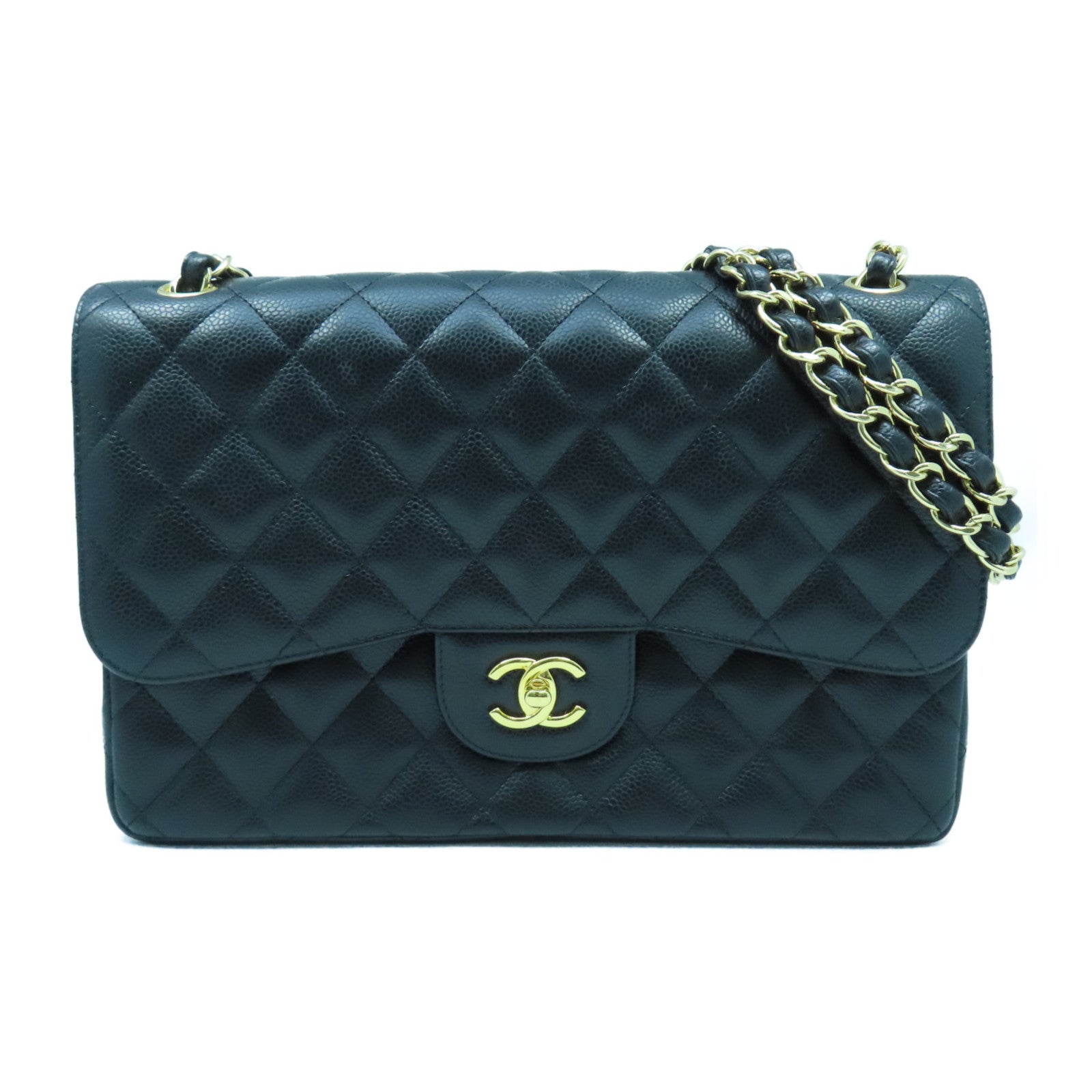 CHANEL 菱格牛皮皮革Chain Shoulder Bag金扣鏈帶肩背袋黑色