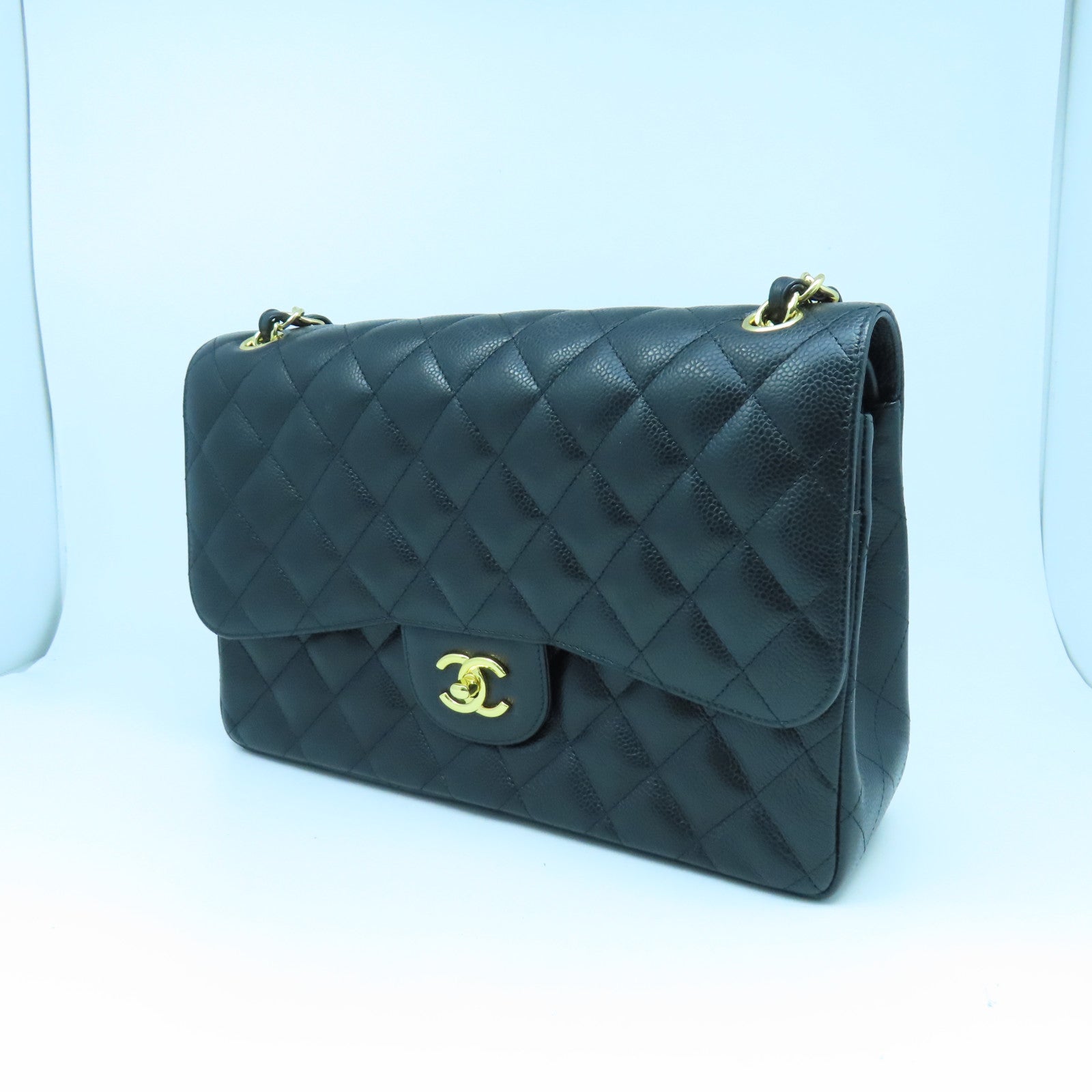 CHANEL 菱格牛皮皮革Chain Shoulder Bag金扣鏈帶肩背袋黑色