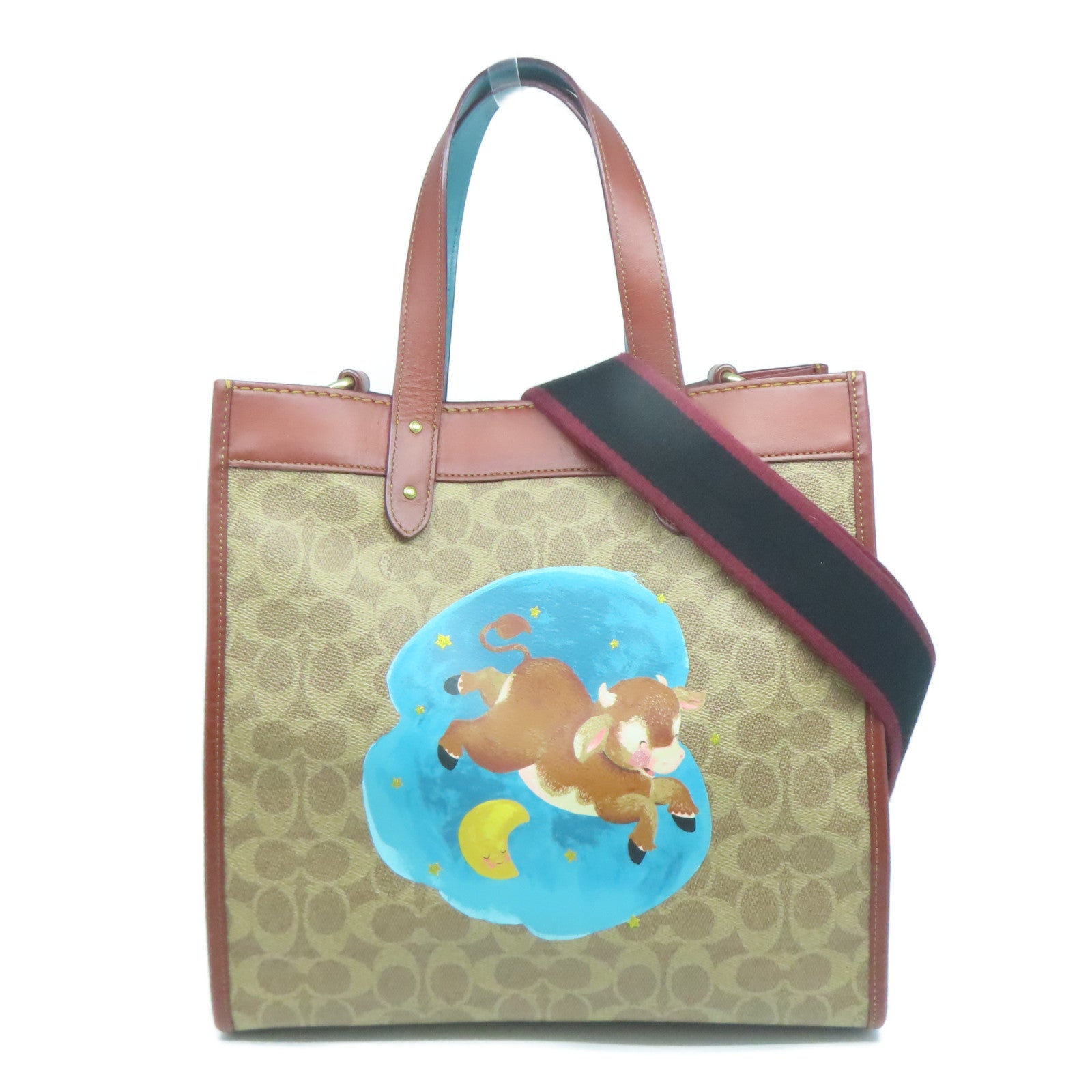 COACH 塗層帆布2 Way Shoulder金扣手挽肩背兩用袋啡色/藍色