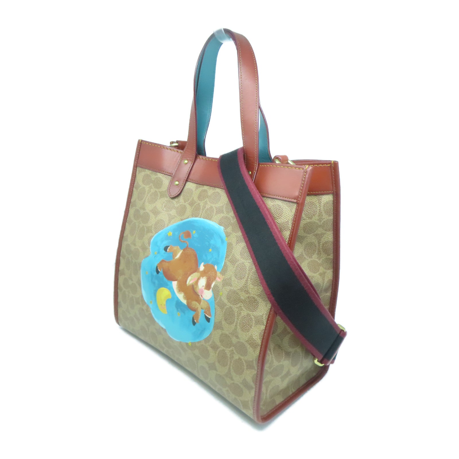 COACH 塗層帆布2 Way Shoulder金扣手挽肩背兩用袋啡色/藍色
