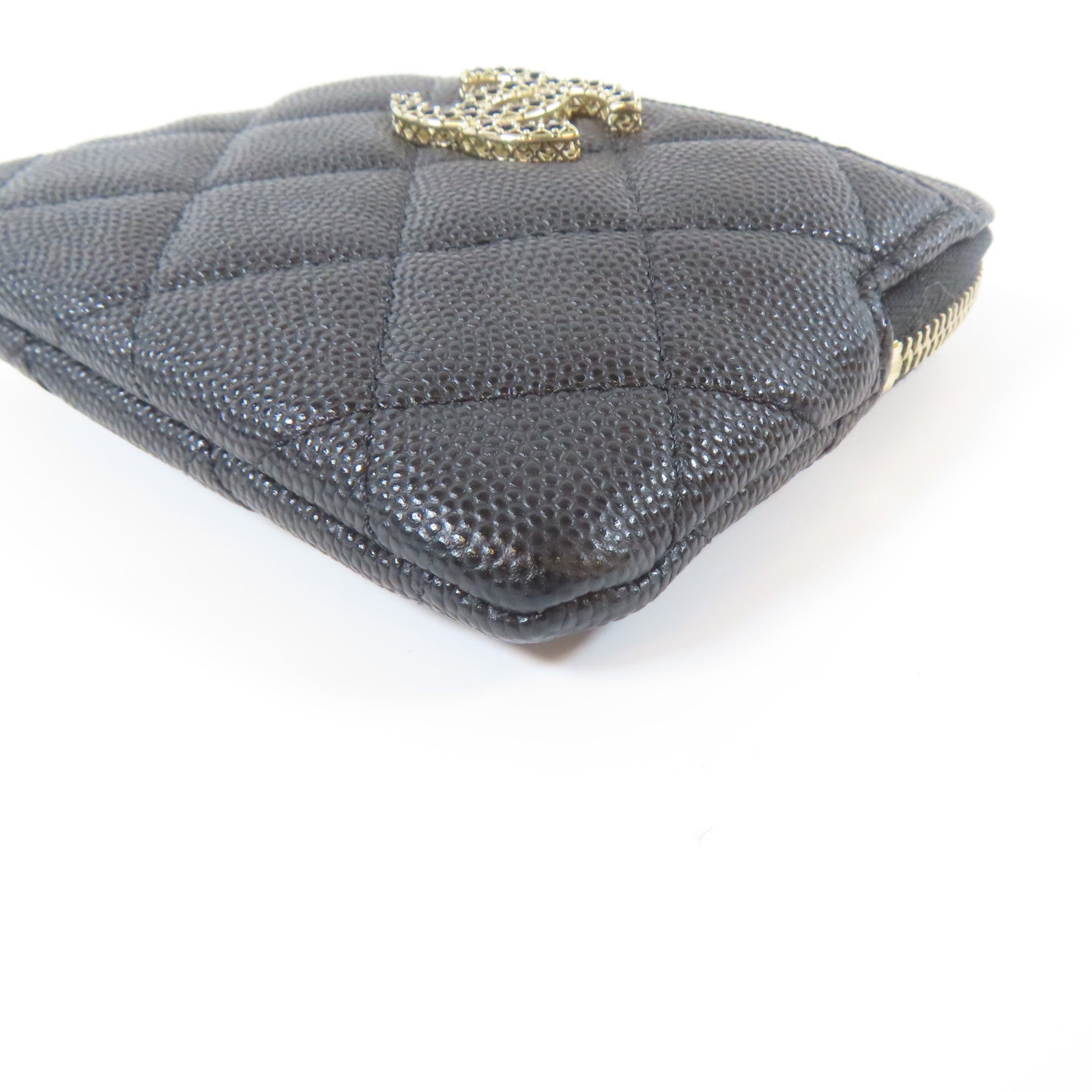 CHANEL 菱格Caviar皮革Coin Case銀扣零錢包黑色
