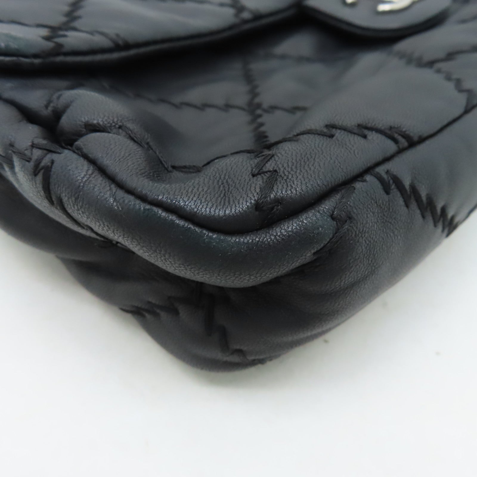 CHANEL 菱格羊皮皮革Chain Shoulder銀扣鏈帶肩背袋黑色