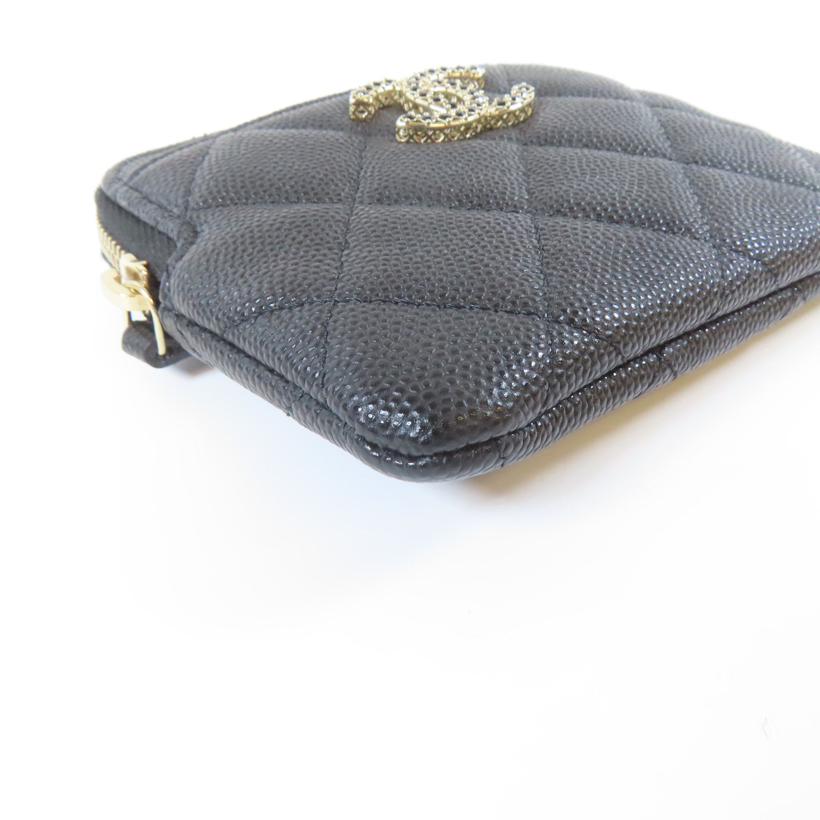 CHANEL 菱格Caviar皮革Coin Case銀扣零錢包黑色