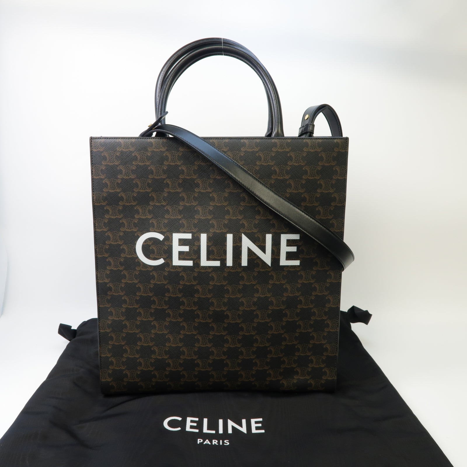 CELINE 塗層帆布Medium Vertical Cabas金扣手挽肩背兩用袋棕色