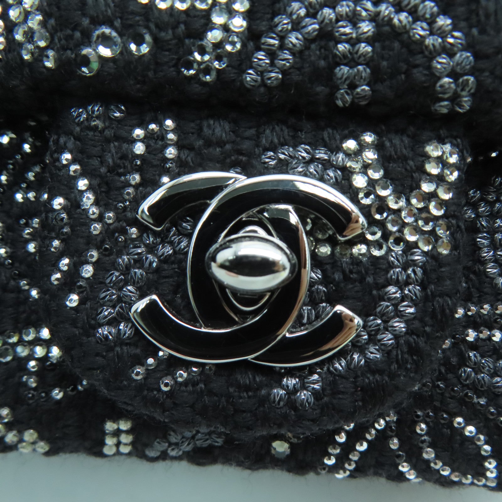 CHANEL Tweed Chain Shoulder银扣肩背袋黑色