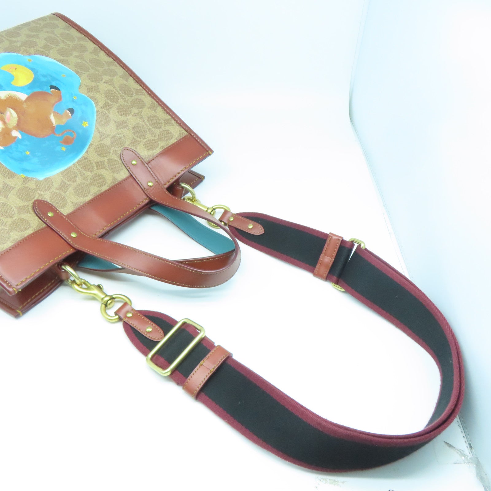COACH 塗層帆布2 Way Shoulder金扣手挽肩背兩用袋啡色/藍色