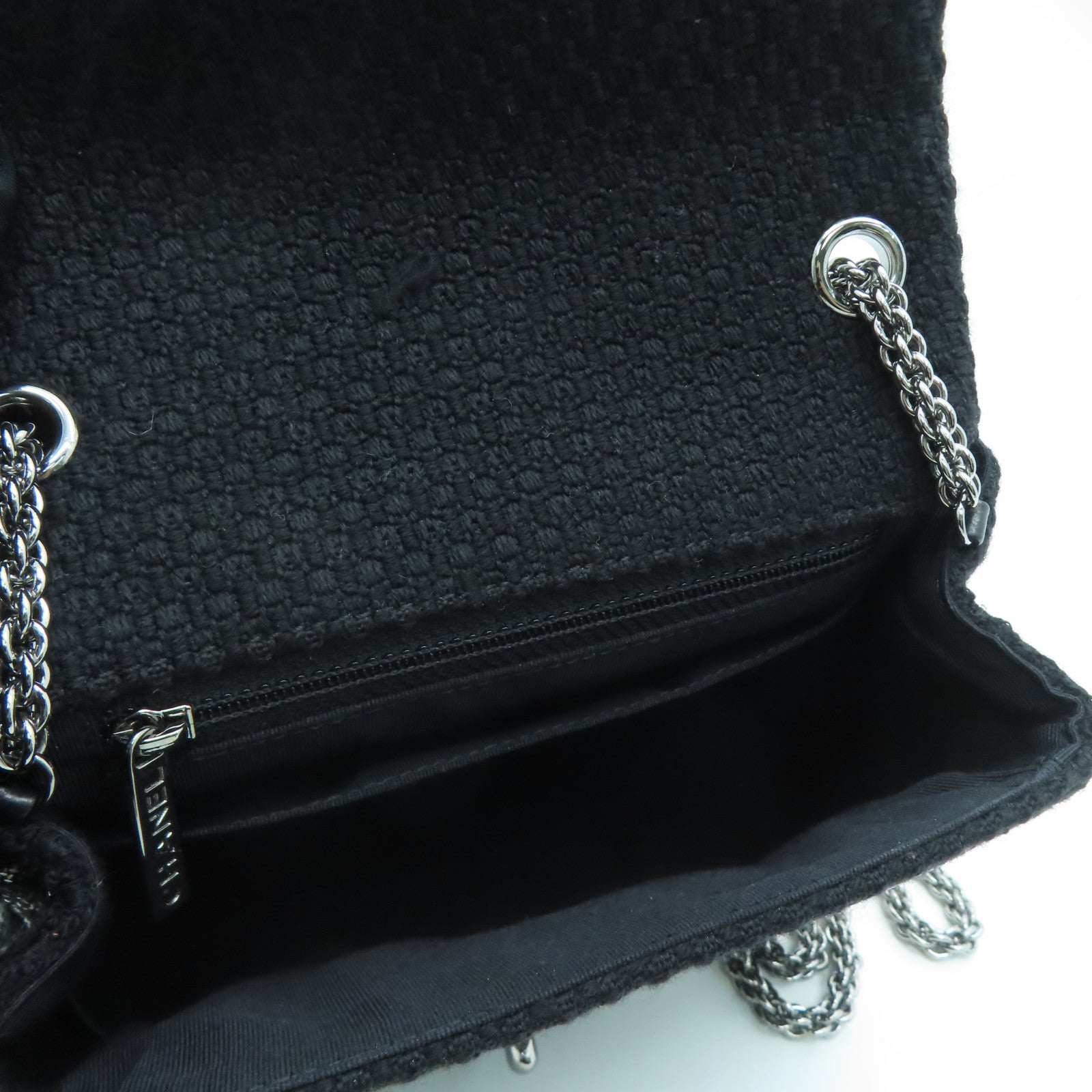CHANEL Tweed Chain Shoulder银扣肩背袋黑色