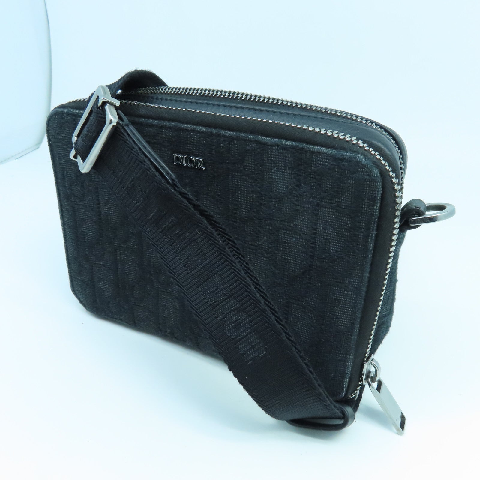 Dior Canvas Pouch With Strap Silver Button Shoulder Bag Black