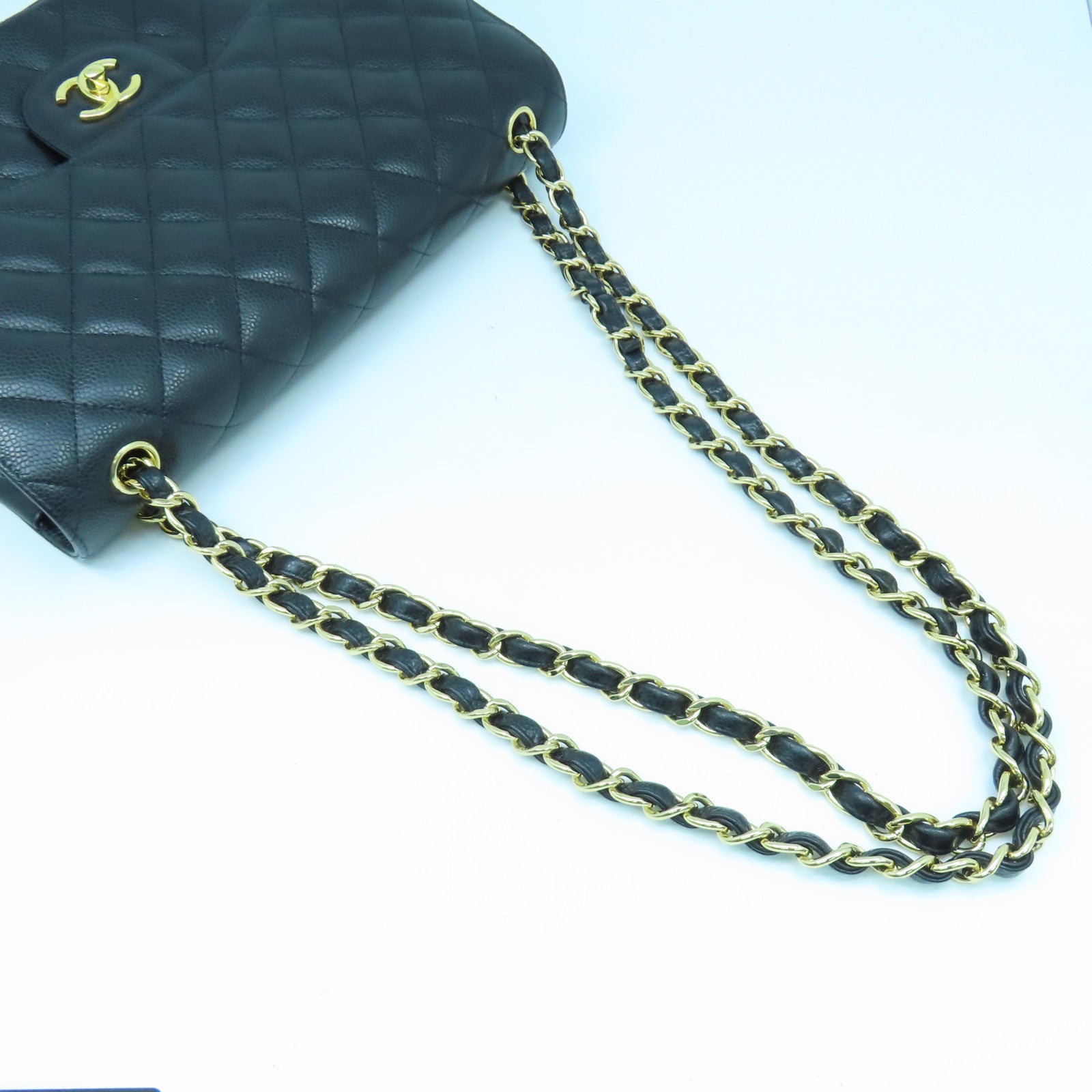 CHANEL 菱格牛皮皮革Chain Shoulder Bag金扣鏈帶肩背袋黑色