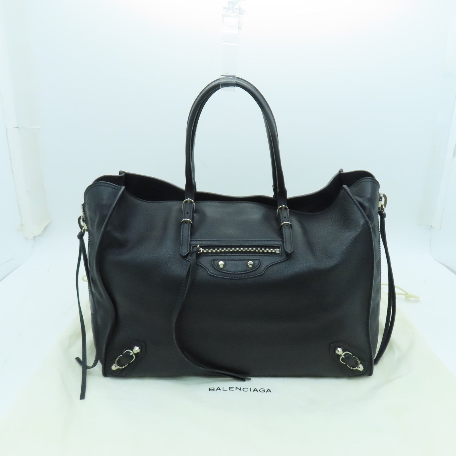 BALENCIAGA Sheepskin Leather Papier A4 Zip Round Silver Buckle Shoulder Bag Black