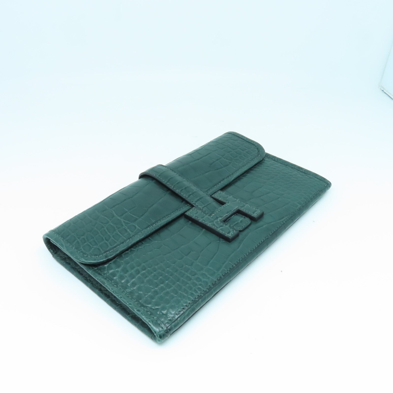 HERMES 鳄鱼皮革Jige Duo Wallet银扣长钱包绿色